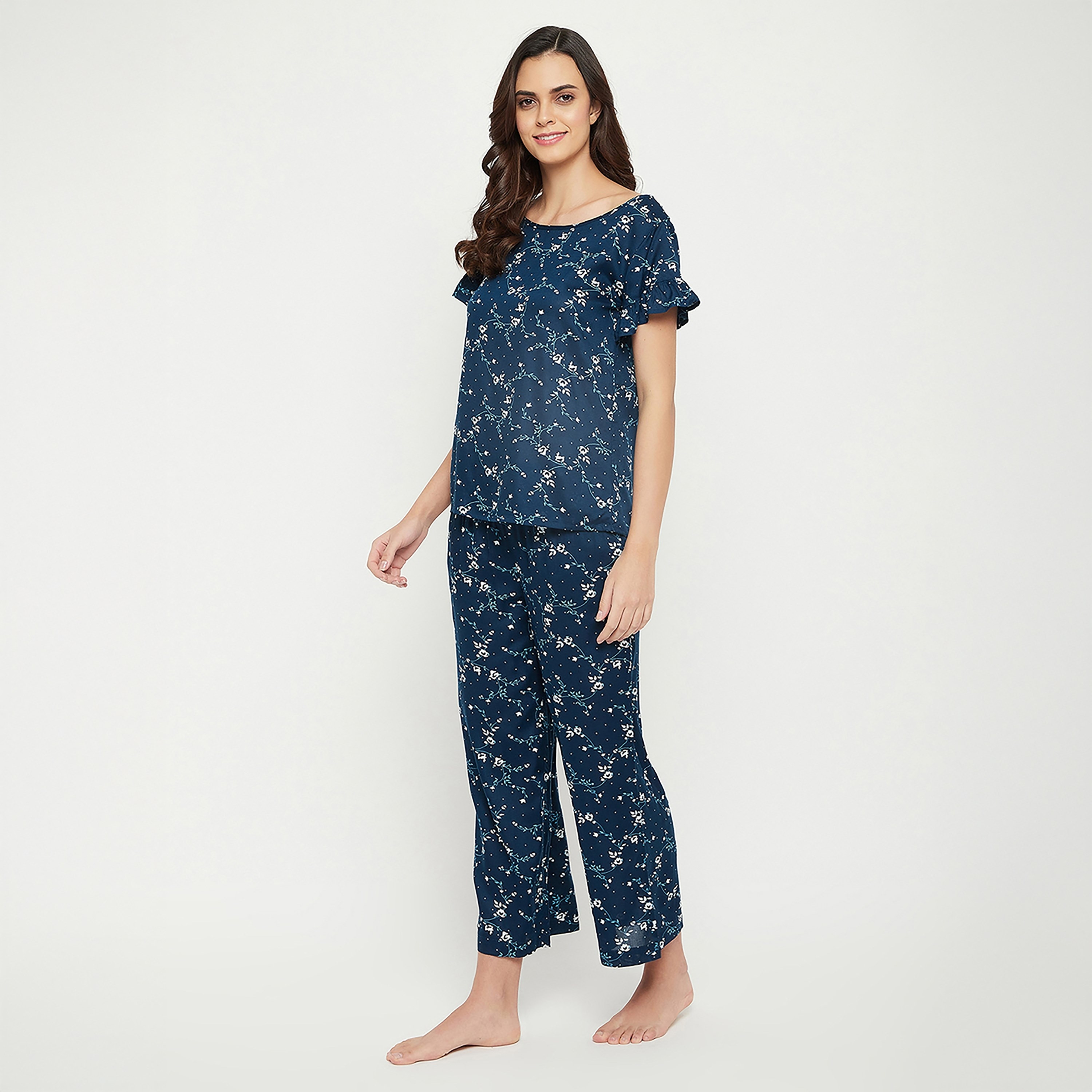 Clovia Pretty Florals Women's Top & Pyjama Set in Teal Blue - Cotton Rich-women-clothing-nightwear-pyjamas-longsets-image-3