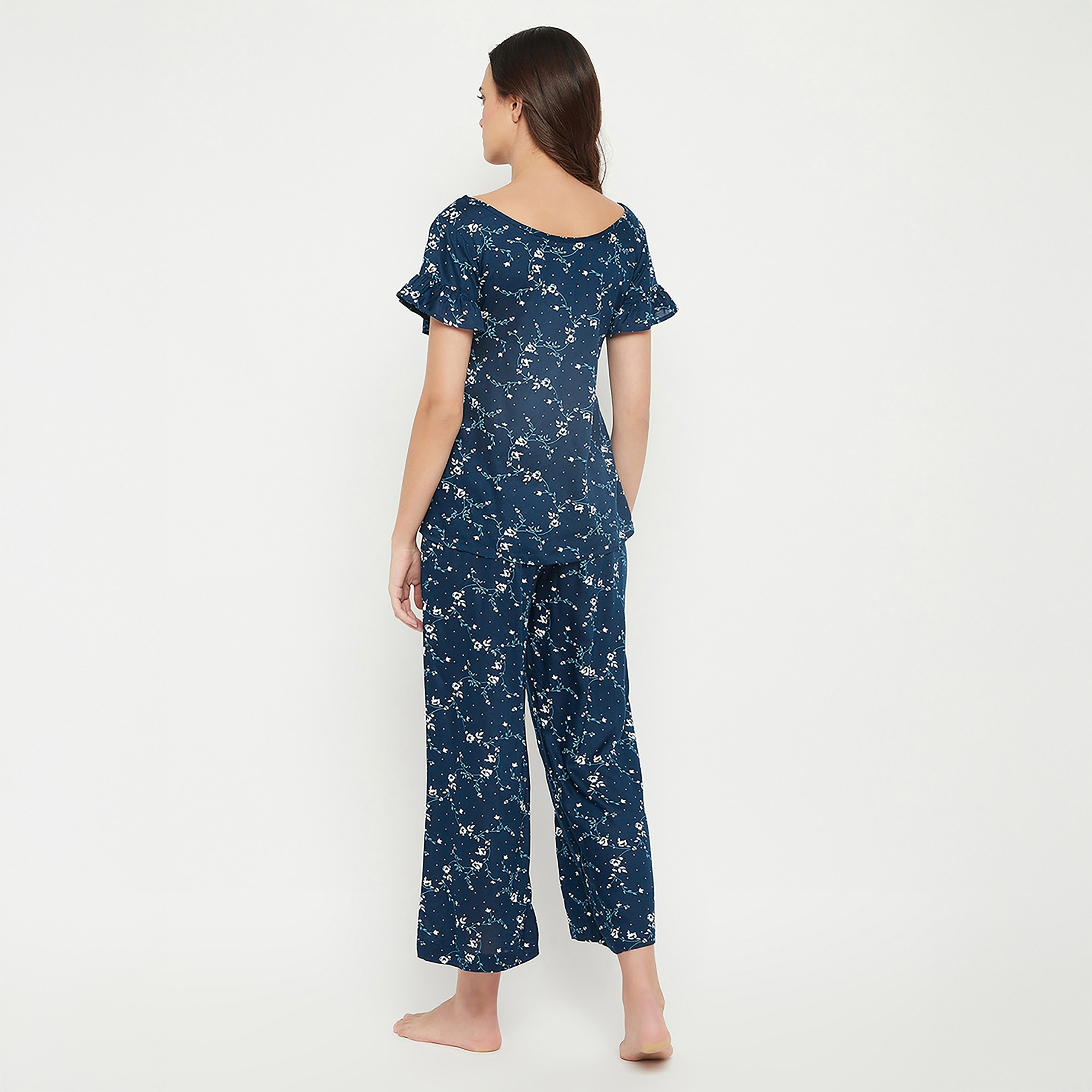 Clovia Pretty Florals Women's Top & Pyjama Set in Teal Blue - Cotton Rich-women-clothing-nightwear-pyjamas-longsets-image-4