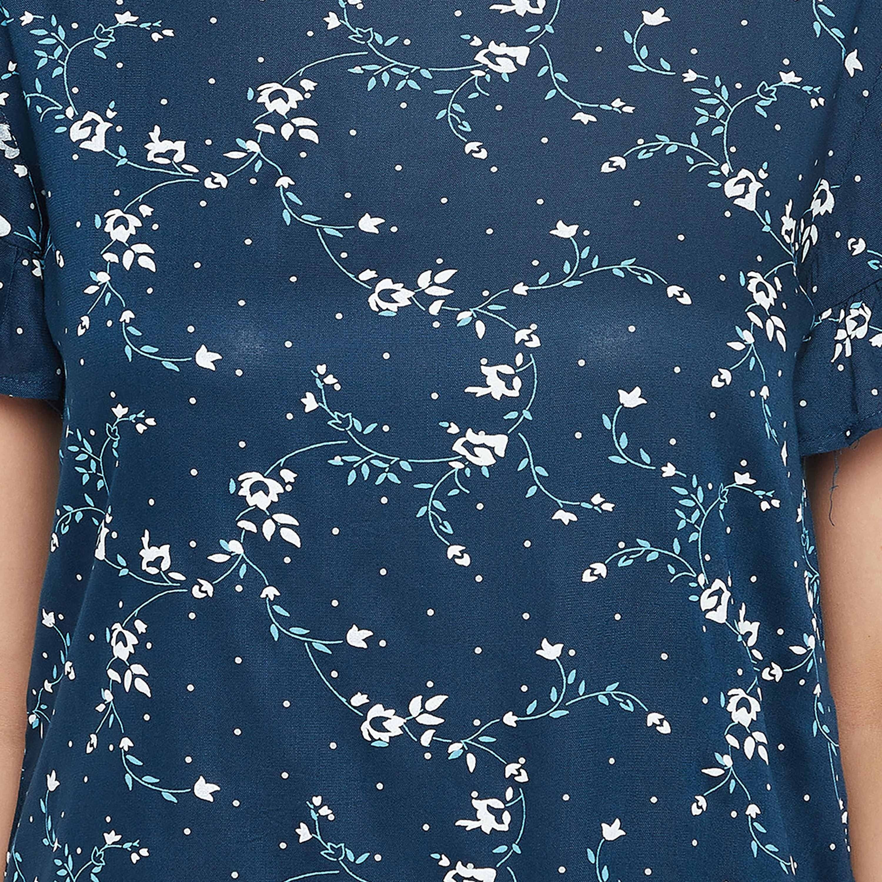 Clovia Pretty Florals Women's Top & Pyjama Set in Teal Blue - Cotton Rich-women-clothing-nightwear-pyjamas-longsets-image-6