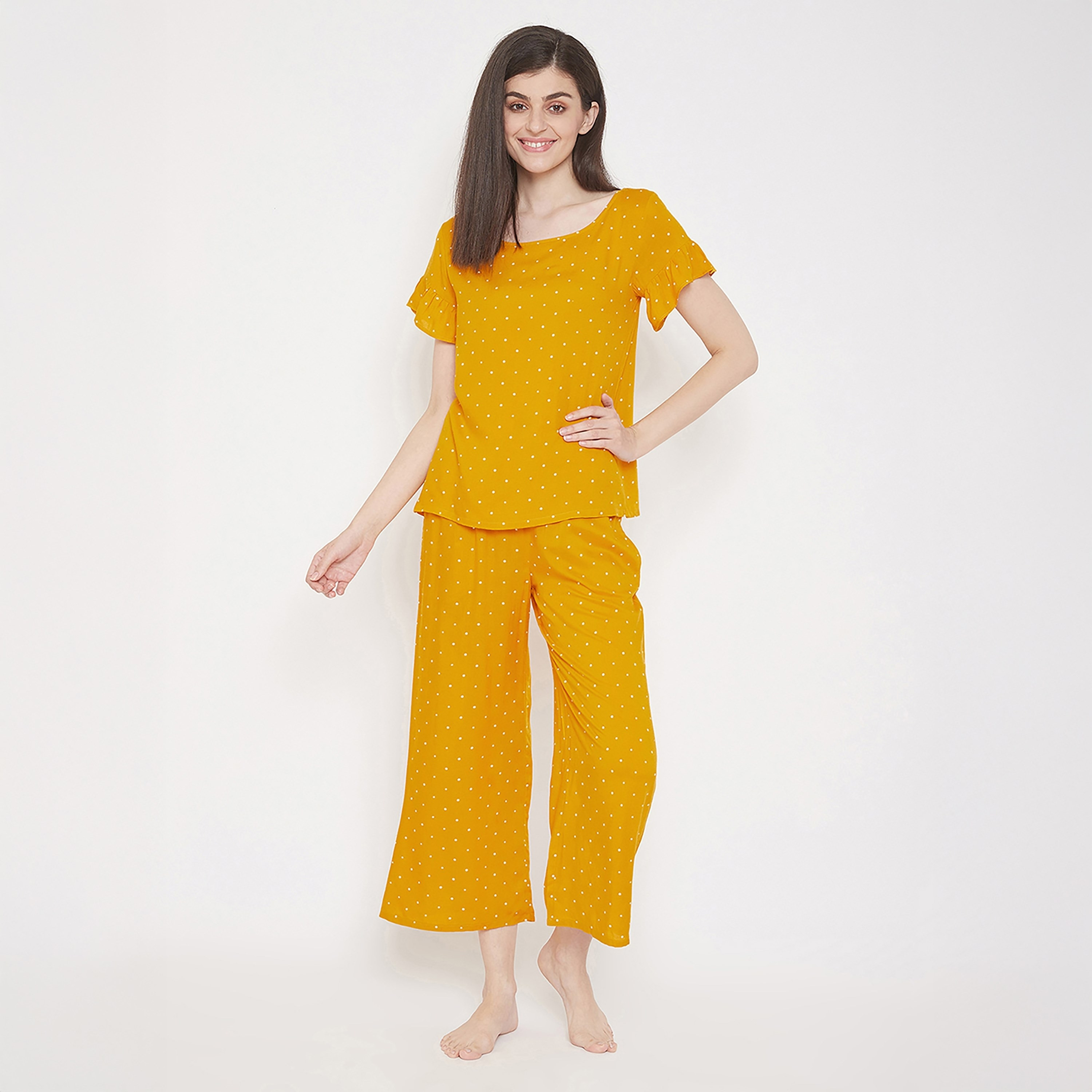 Clovia Polka Printed Women's Top & Pyjama Set in Mustard - Rayon-women-clothing-nightwear-pyjamas-longsets-image-1