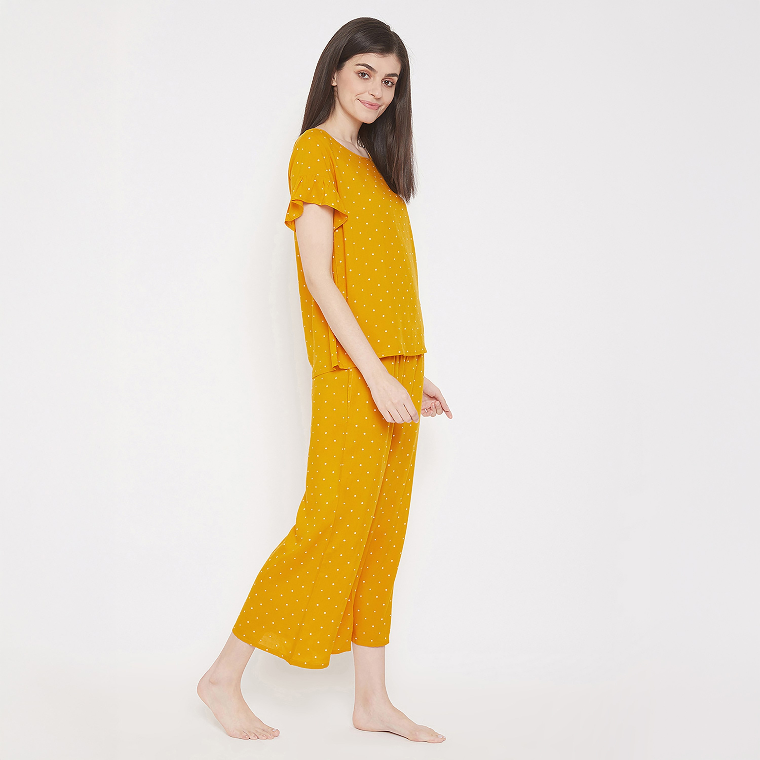 Clovia Polka Printed Women's Top & Pyjama Set in Mustard - Rayon-women-clothing-nightwear-pyjamas-longsets-image-2