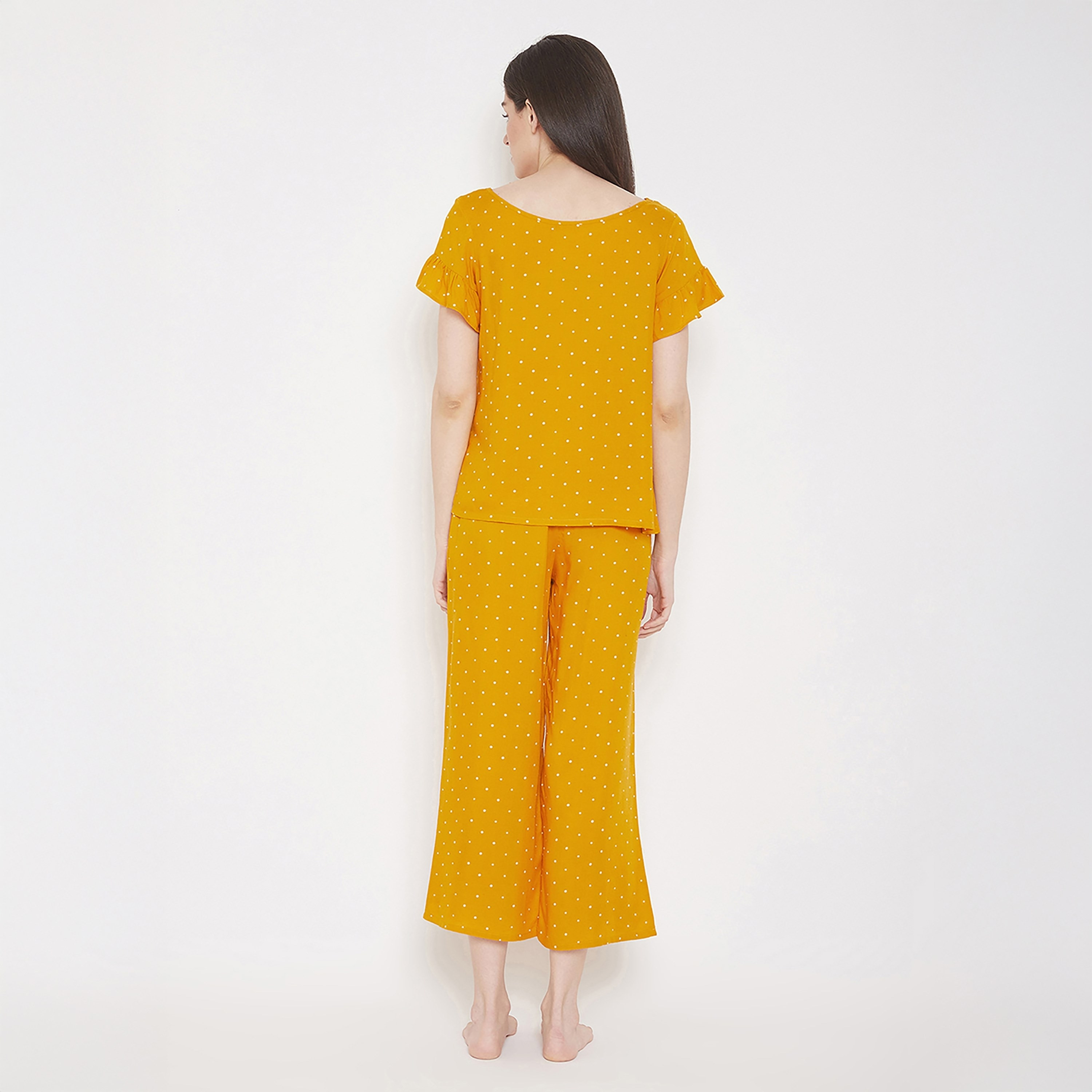 Clovia Polka Printed Women's Top & Pyjama Set in Mustard - Rayon-women-clothing-nightwear-pyjamas-longsets-image-3