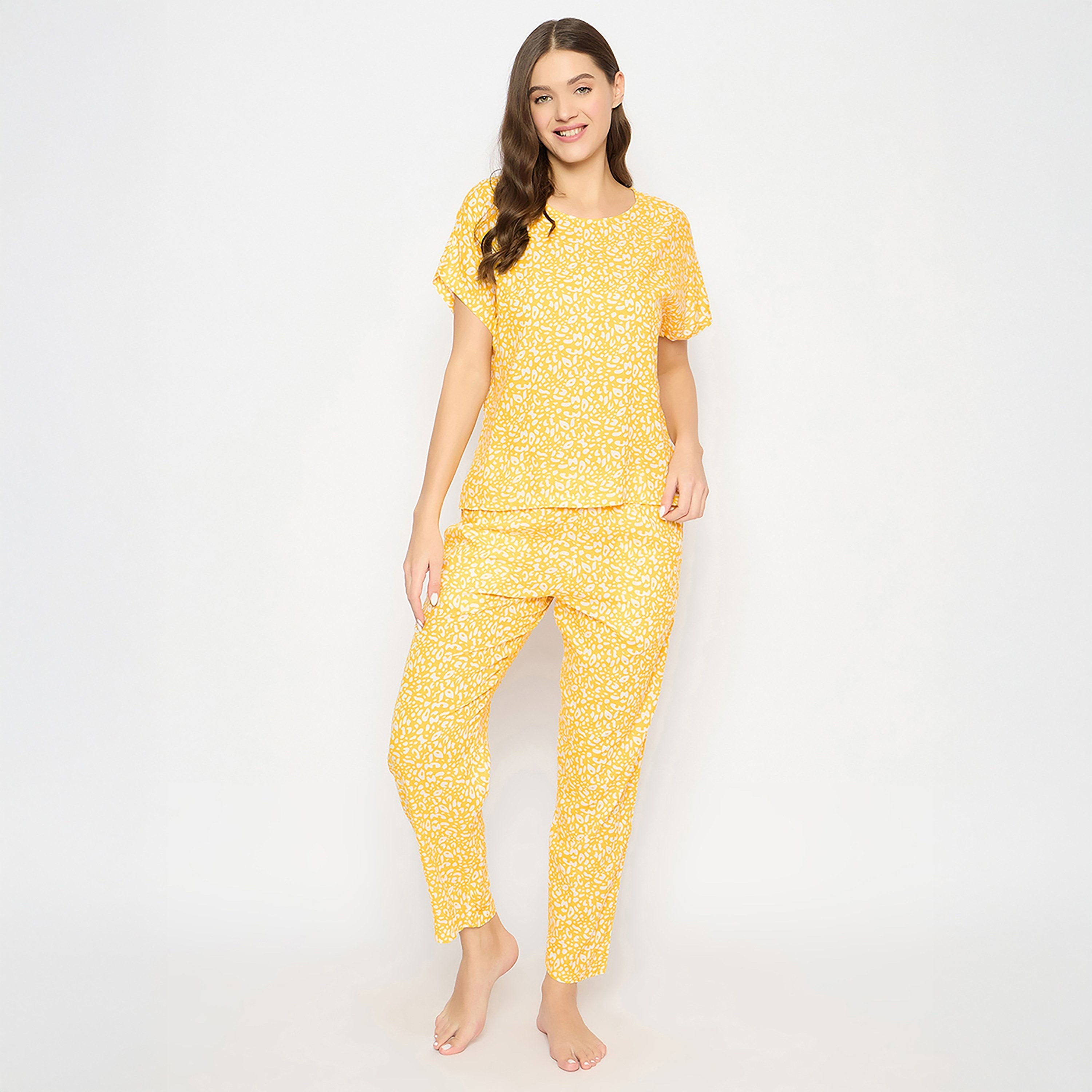 Clovia Printed Women's Top & Pyjama Set in Yellow- Rayon-women-clothing-nightwear-pyjamas-longsets-image-1
