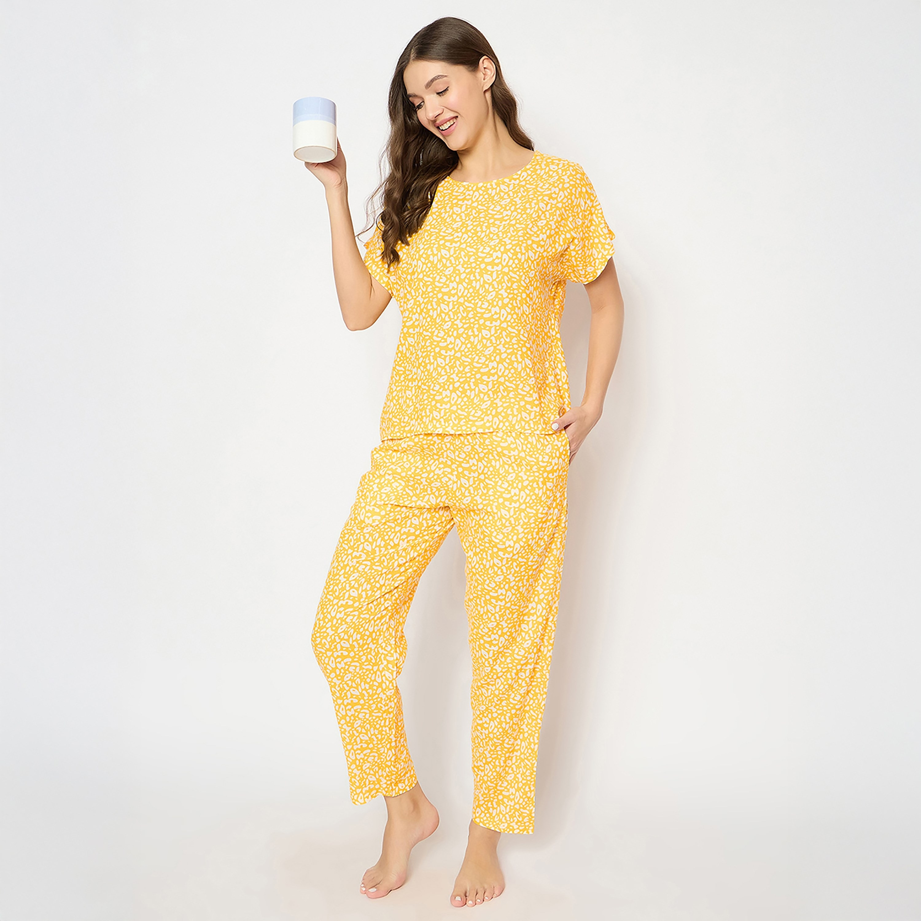 Clovia Printed Women's Top & Pyjama Set in Yellow- Rayon-women-clothing-nightwear-pyjamas-longsets-image-2