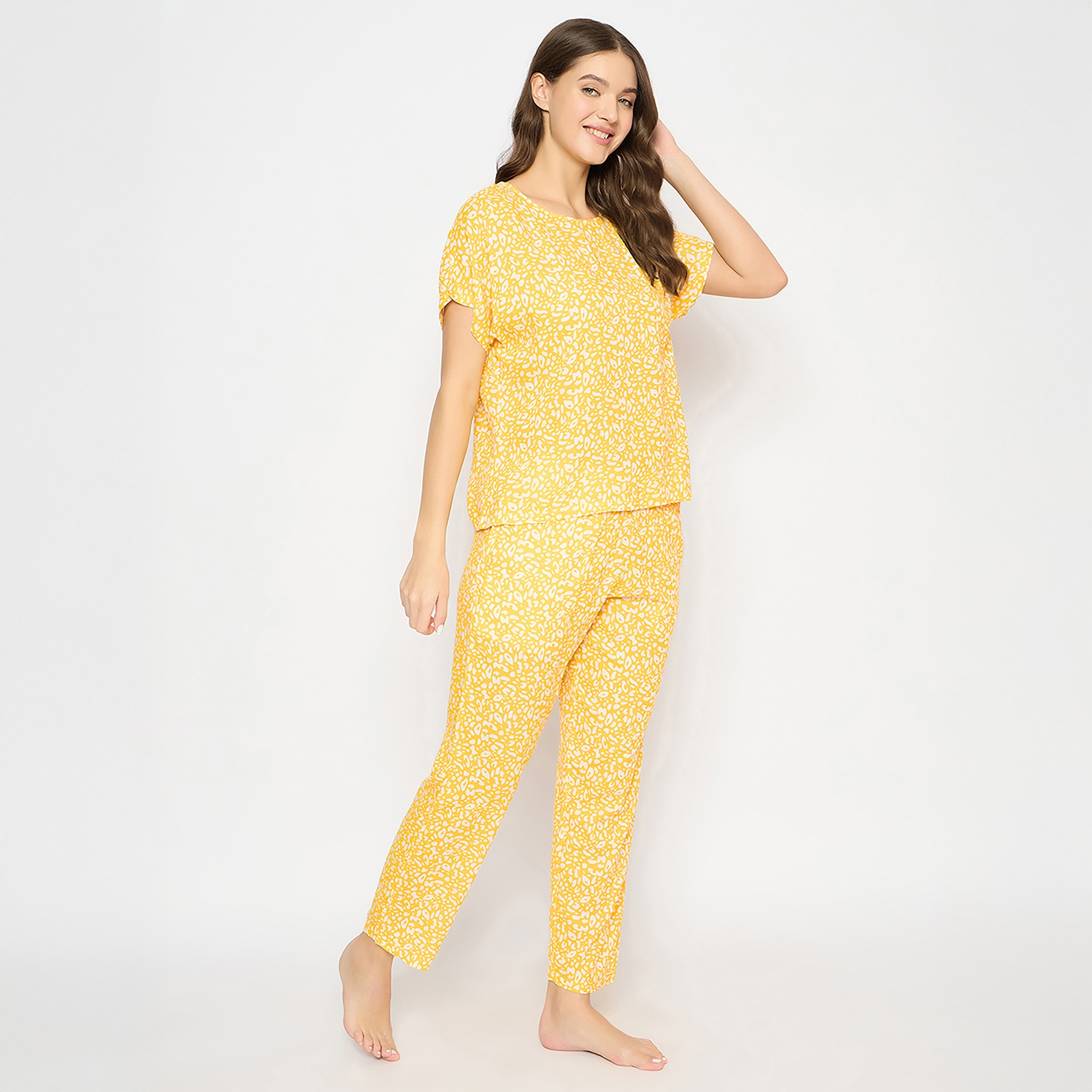 Clovia Printed Women's Top & Pyjama Set in Yellow- Rayon-women-clothing-nightwear-pyjamas-longsets-image-3