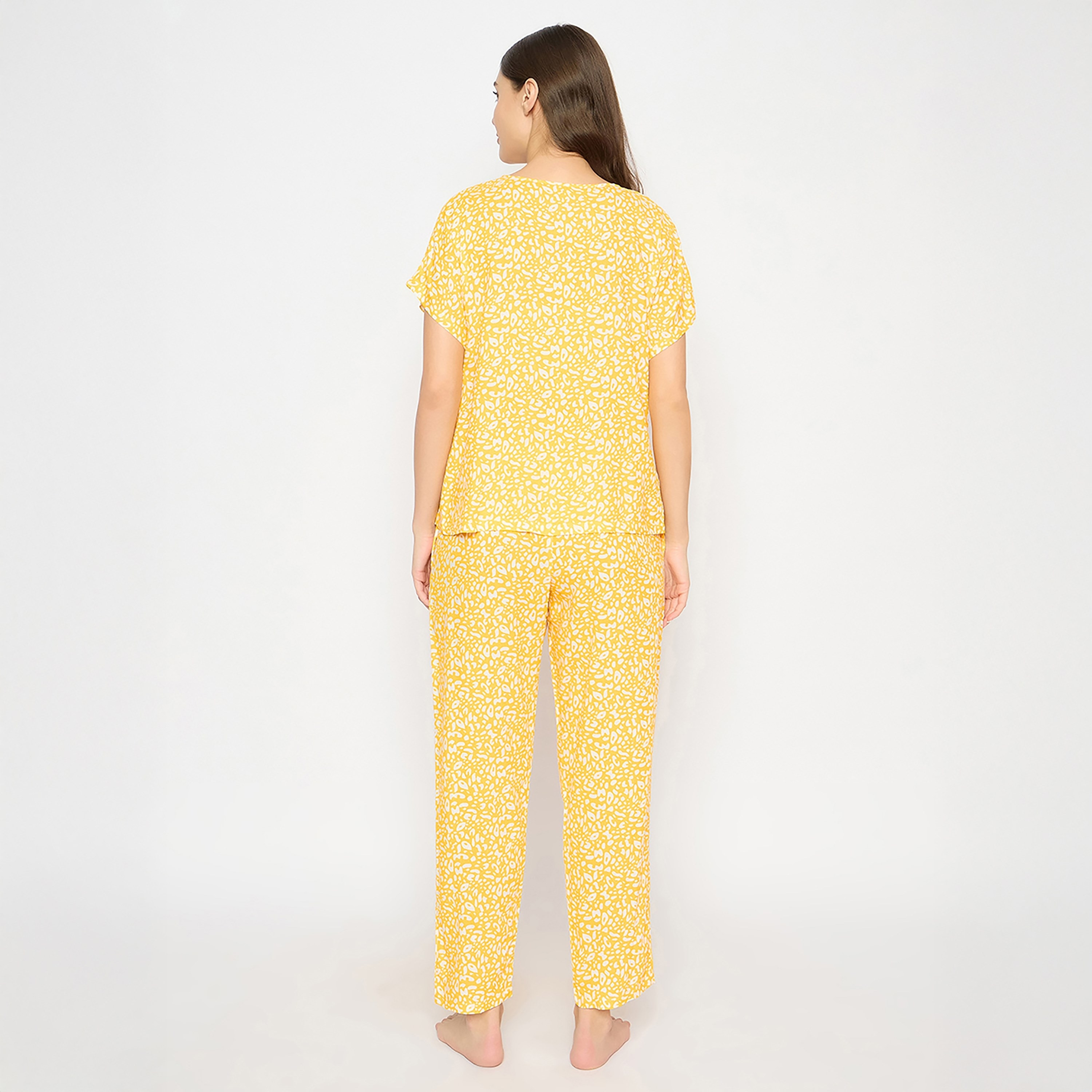 Clovia Printed Women's Top & Pyjama Set in Yellow- Rayon-women-clothing-nightwear-pyjamas-longsets-image-4