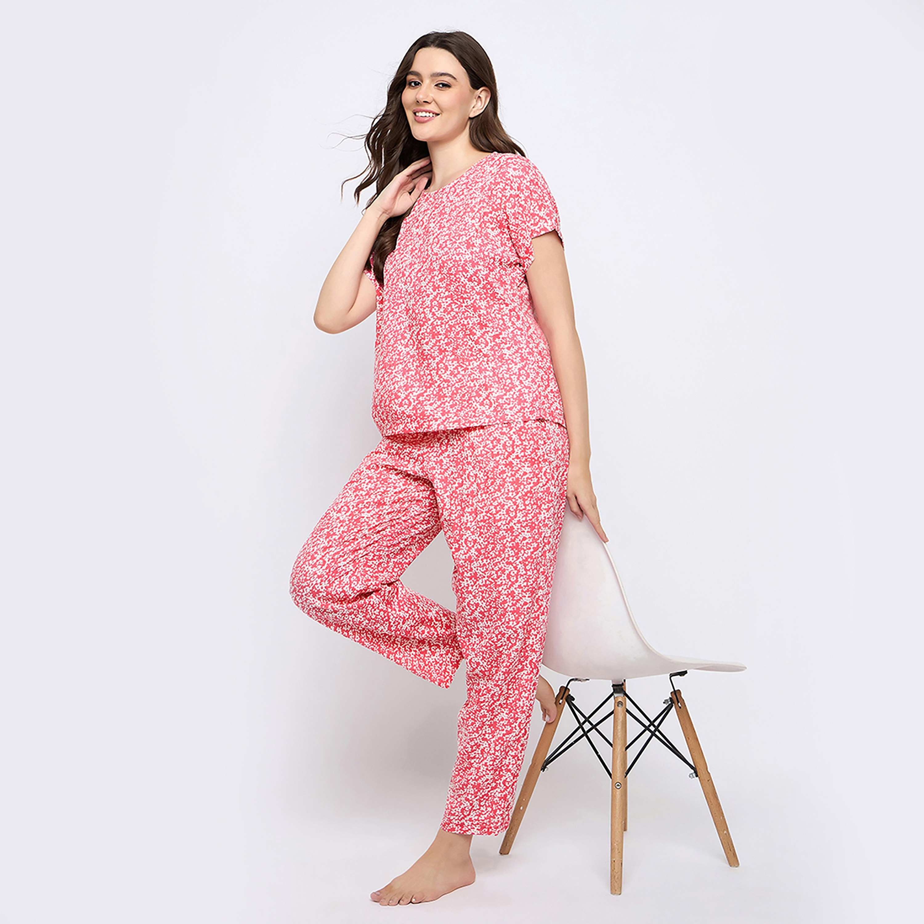 Clovia Floral Printed Women's Top & Pyjama Set in Pink- Rayon-women-clothing-nightwear-pyjamas-longsets-image-2