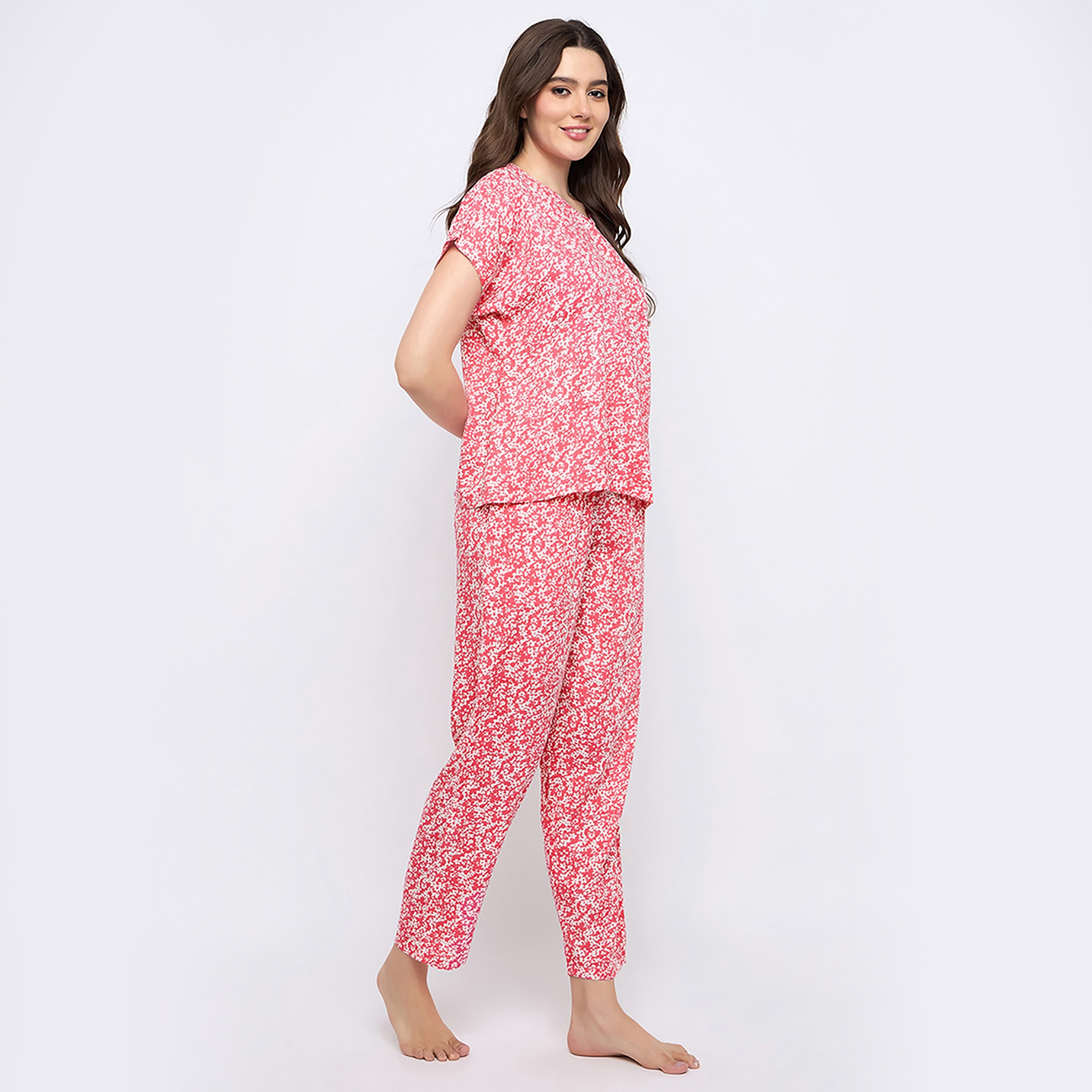 Clovia Floral Printed Women's Top & Pyjama Set in Pink- Rayon-women-clothing-nightwear-pyjamas-longsets-image-3