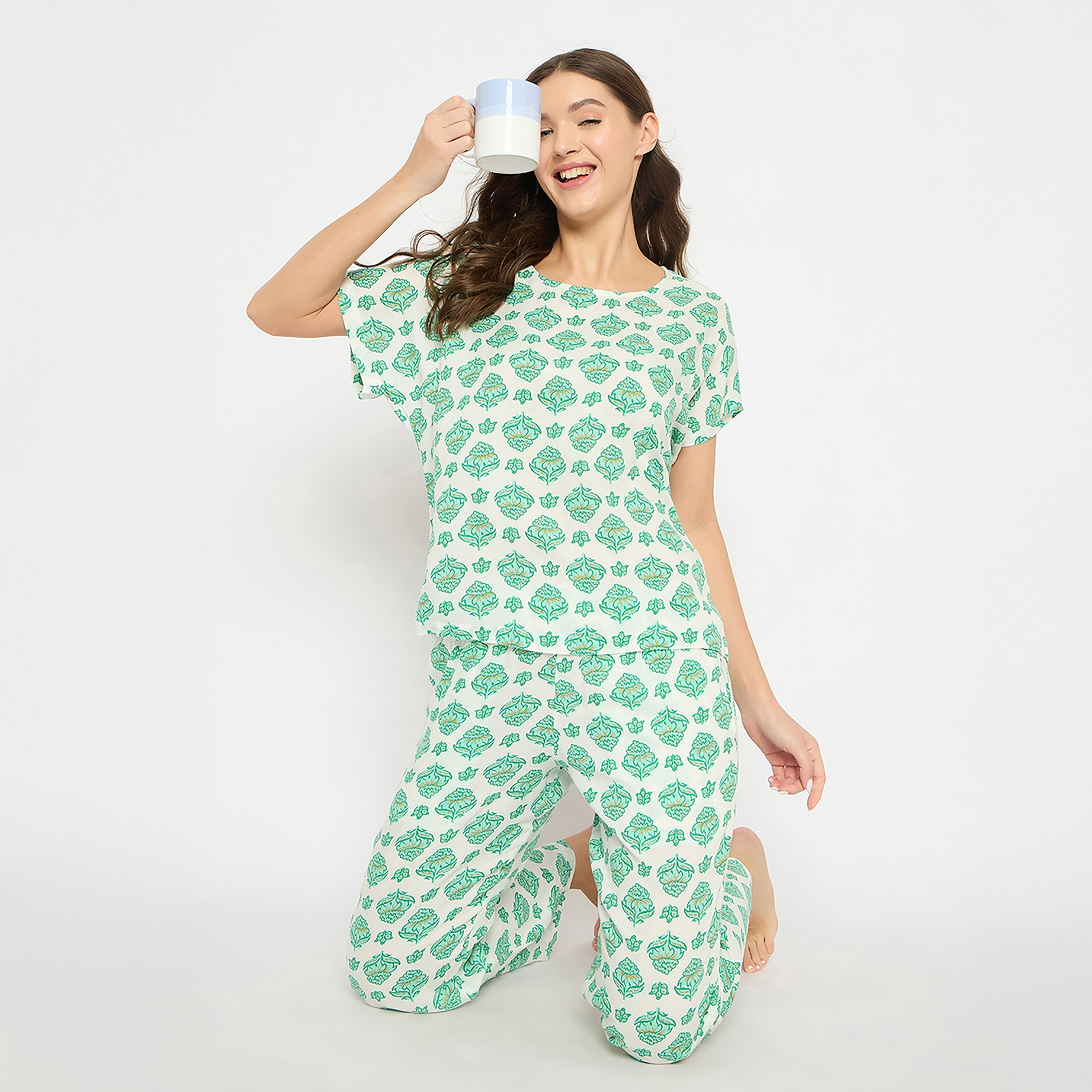 Clovia Floral Printed Women's Top & Pyjama Set in White - Rayon-women-clothing-nightwear-pyjamas-longsets-image-2