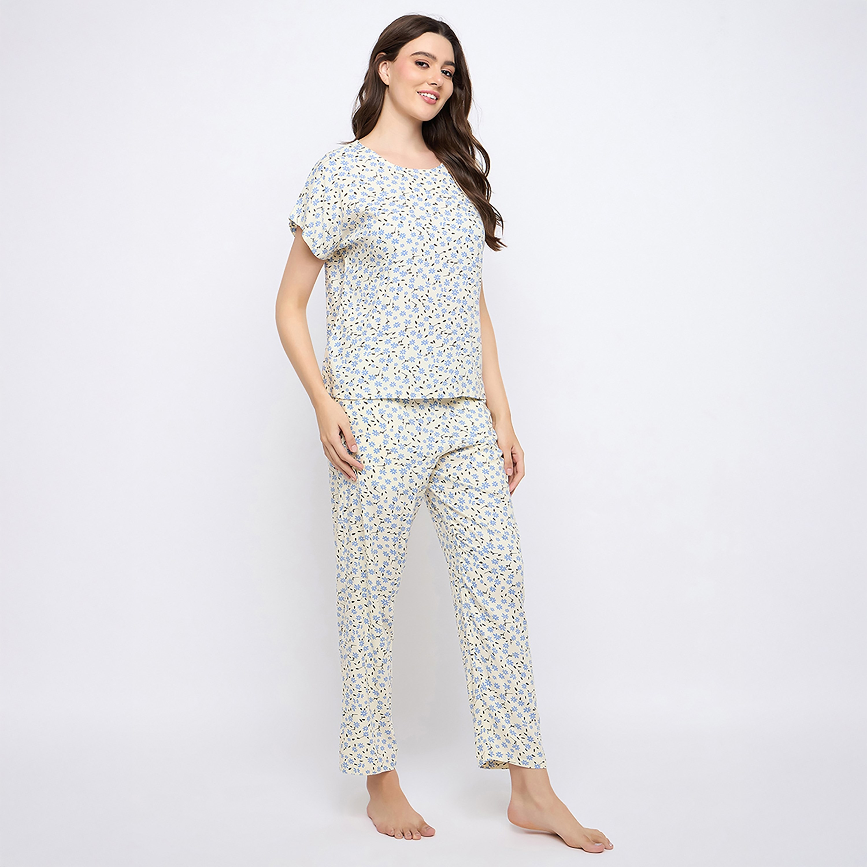 Clovia Floral Printed Women's Top & Pyjama Set in White - Rayon-women-clothing-nightwear-pyjamas-longsets-image-3