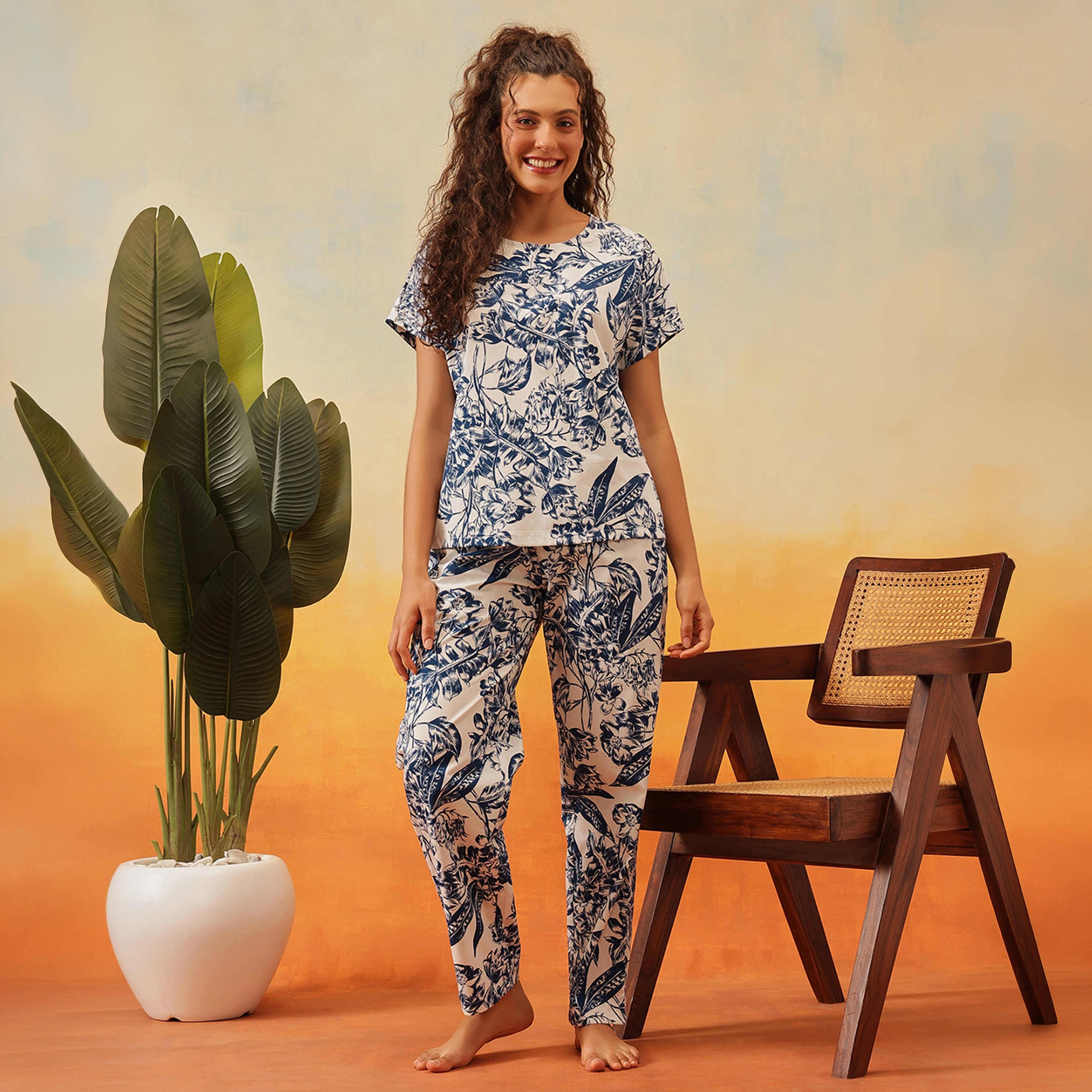 Clovia Floral Print Women's Top & Pyjama Set in White - Rayon-women-clothing-nightwear-pyjamas-longsets-image-1