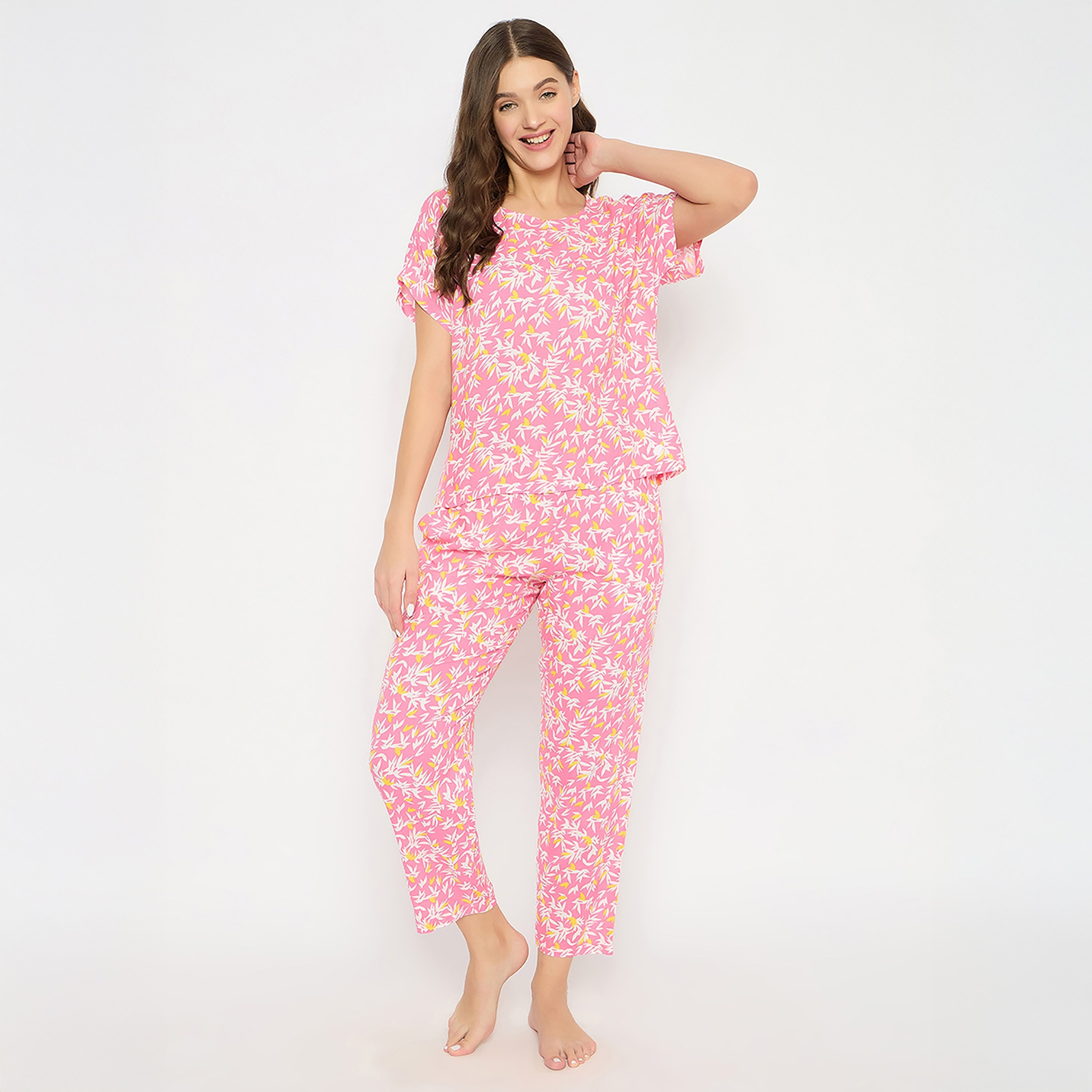 Clovia Printed Women's Top & Pyjama Set in Light Pink- Rayon-women-clothing-nightwear-pyjamas-longsets-image-1