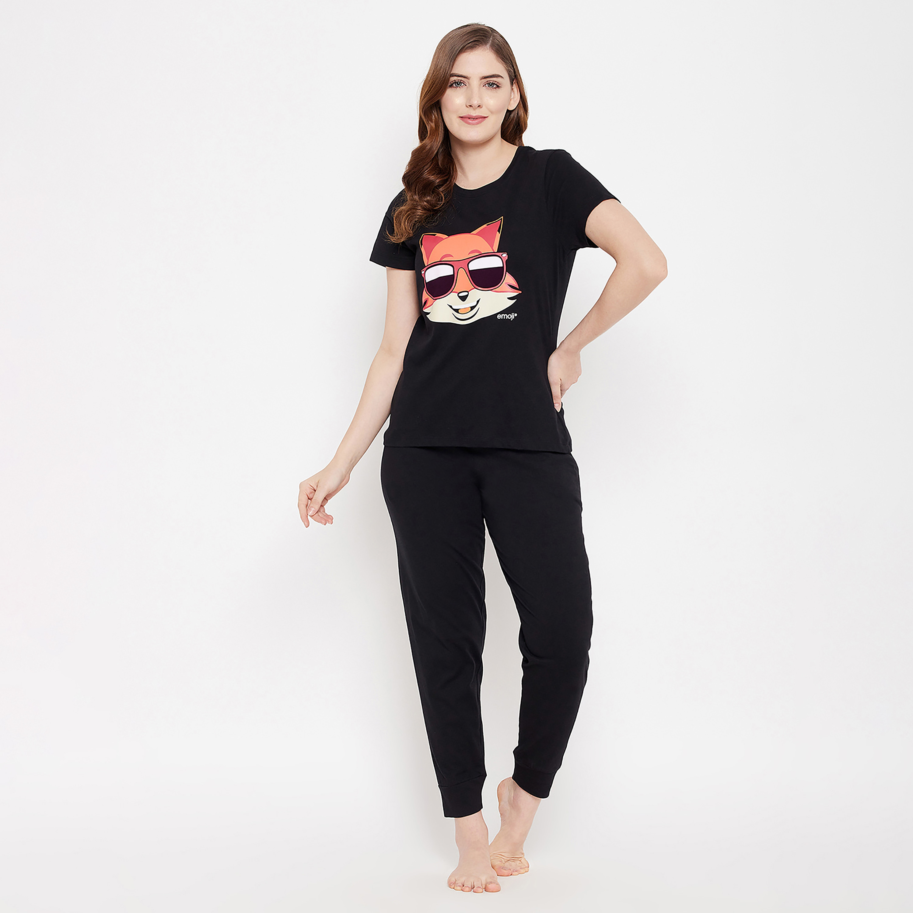 Clovia Fox Emoji Print Women's Top & Solid Jogger Set in Black - 100% Cotton-women-clothing-nightwear-pyjamas-longsets-image-1