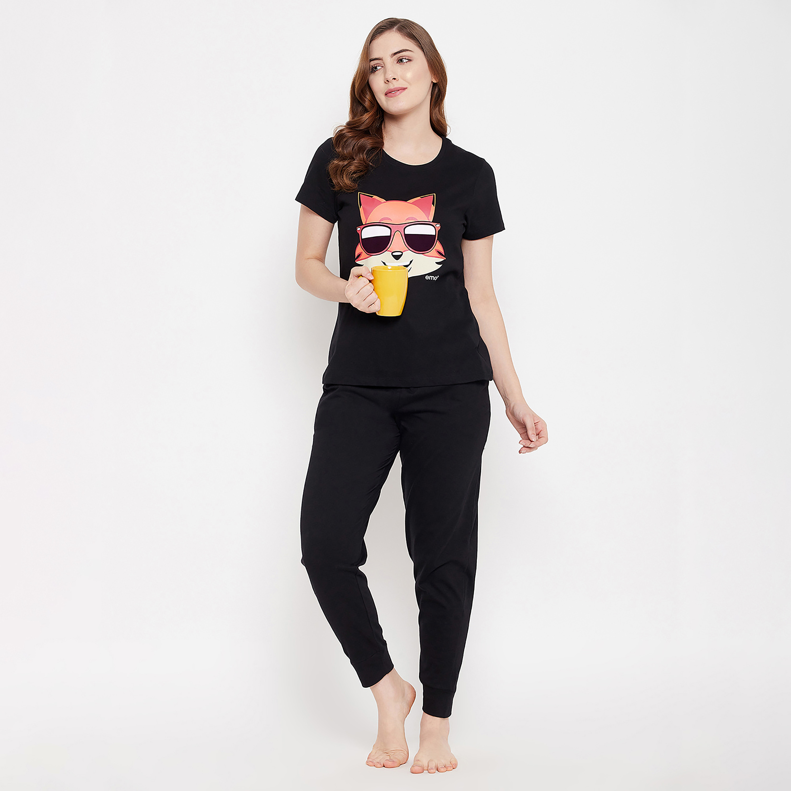 Clovia Fox Emoji Print Women's Top & Solid Jogger Set in Black - 100% Cotton-women-clothing-nightwear-pyjamas-longsets-image-2