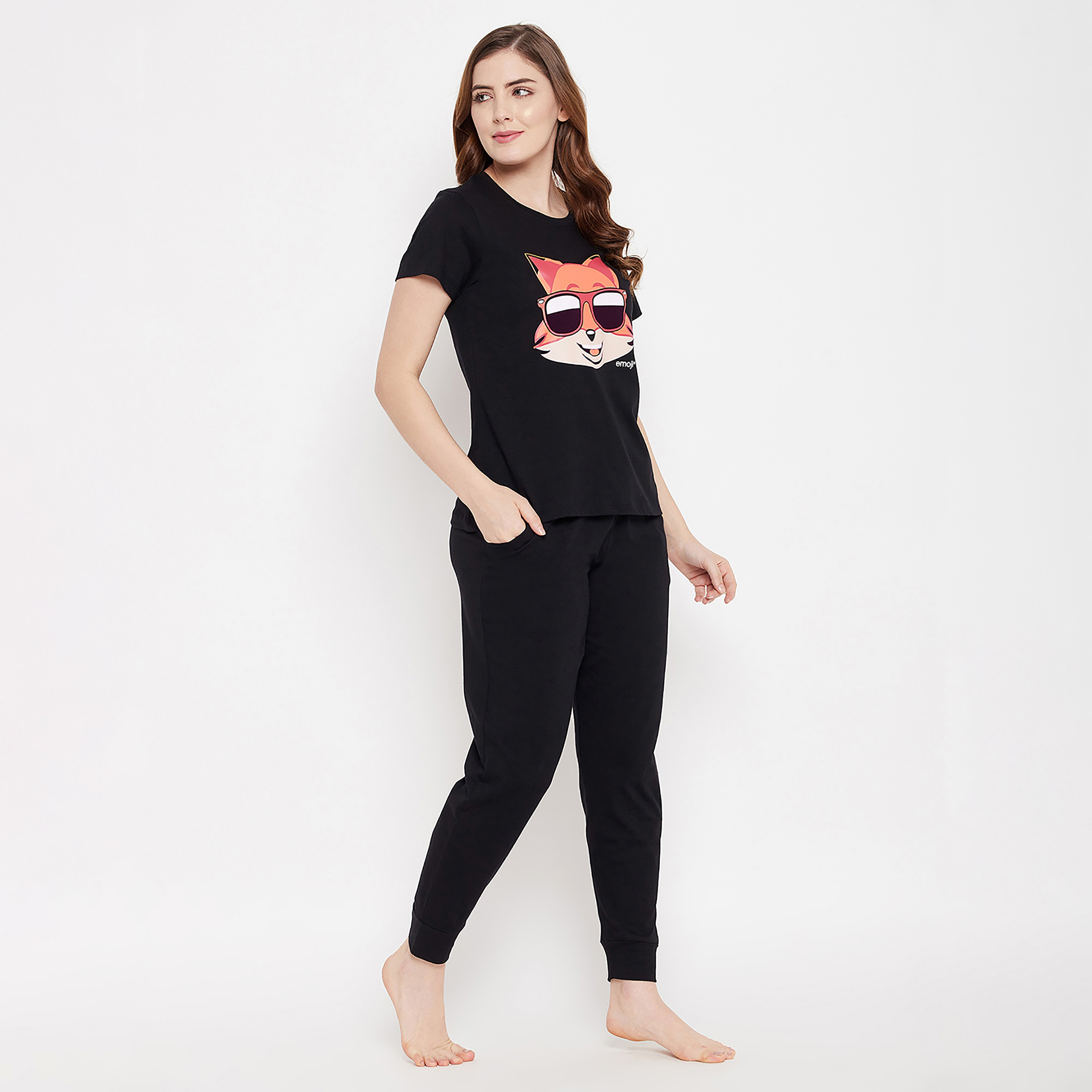 Clovia Fox Emoji Print Women's Top & Solid Jogger Set in Black - 100% Cotton-women-clothing-nightwear-pyjamas-longsets-image-4