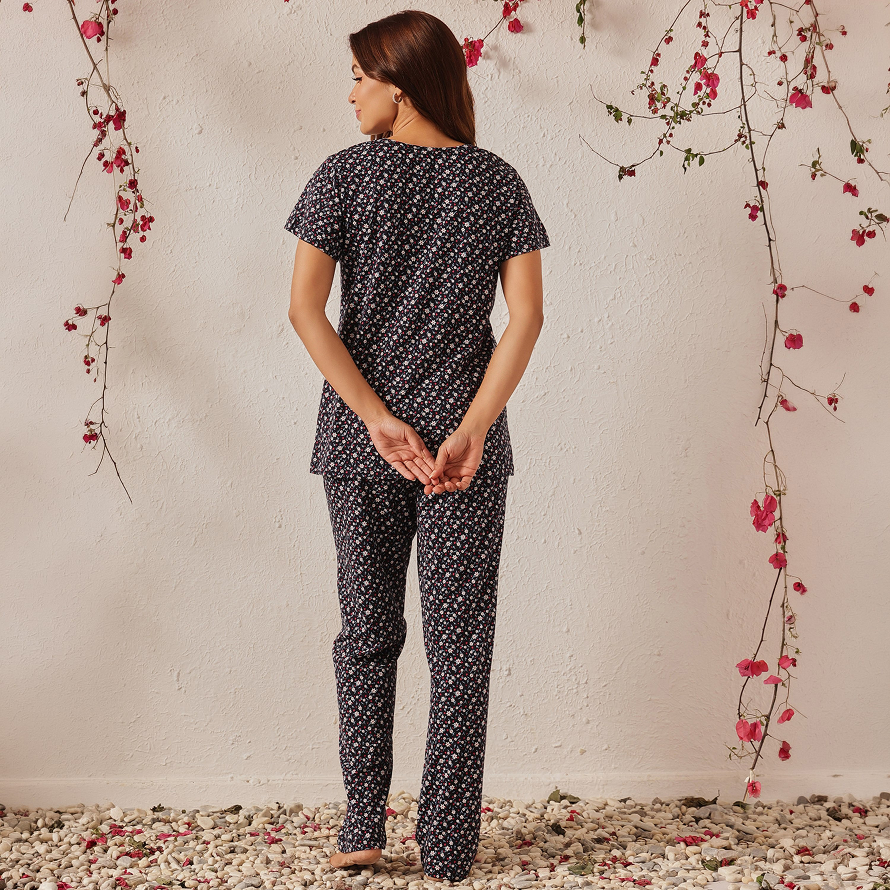 Clovia Floral Print Women's T-Shirt & Pyjama Set in Dark Blue - 100% Cotton-women-clothing-nightwear-pyjamas-longsets-image-5