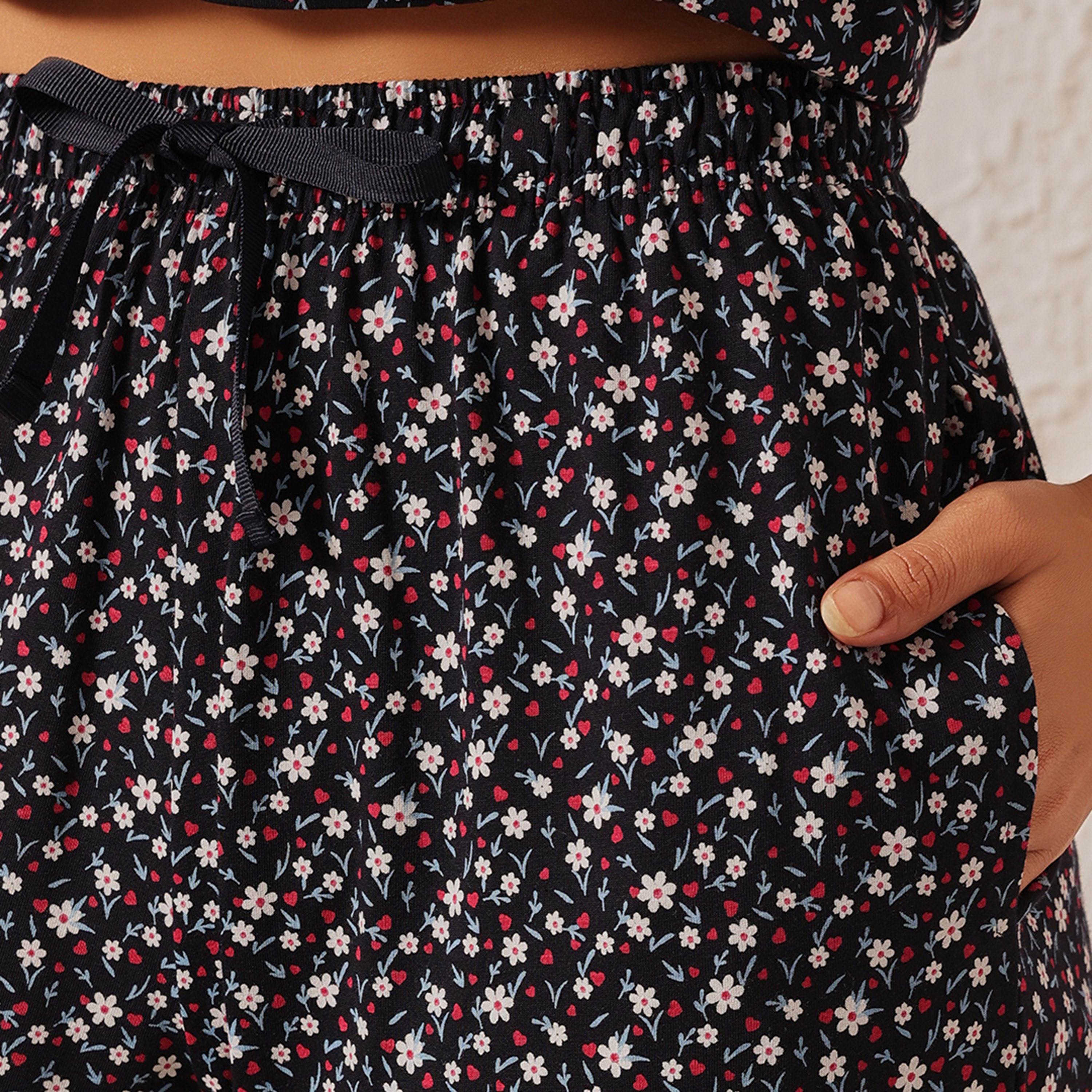 Clovia Floral Print Women's T-Shirt & Pyjama Set in Dark Blue - 100% Cotton-women-clothing-nightwear-pyjamas-longsets-image-6