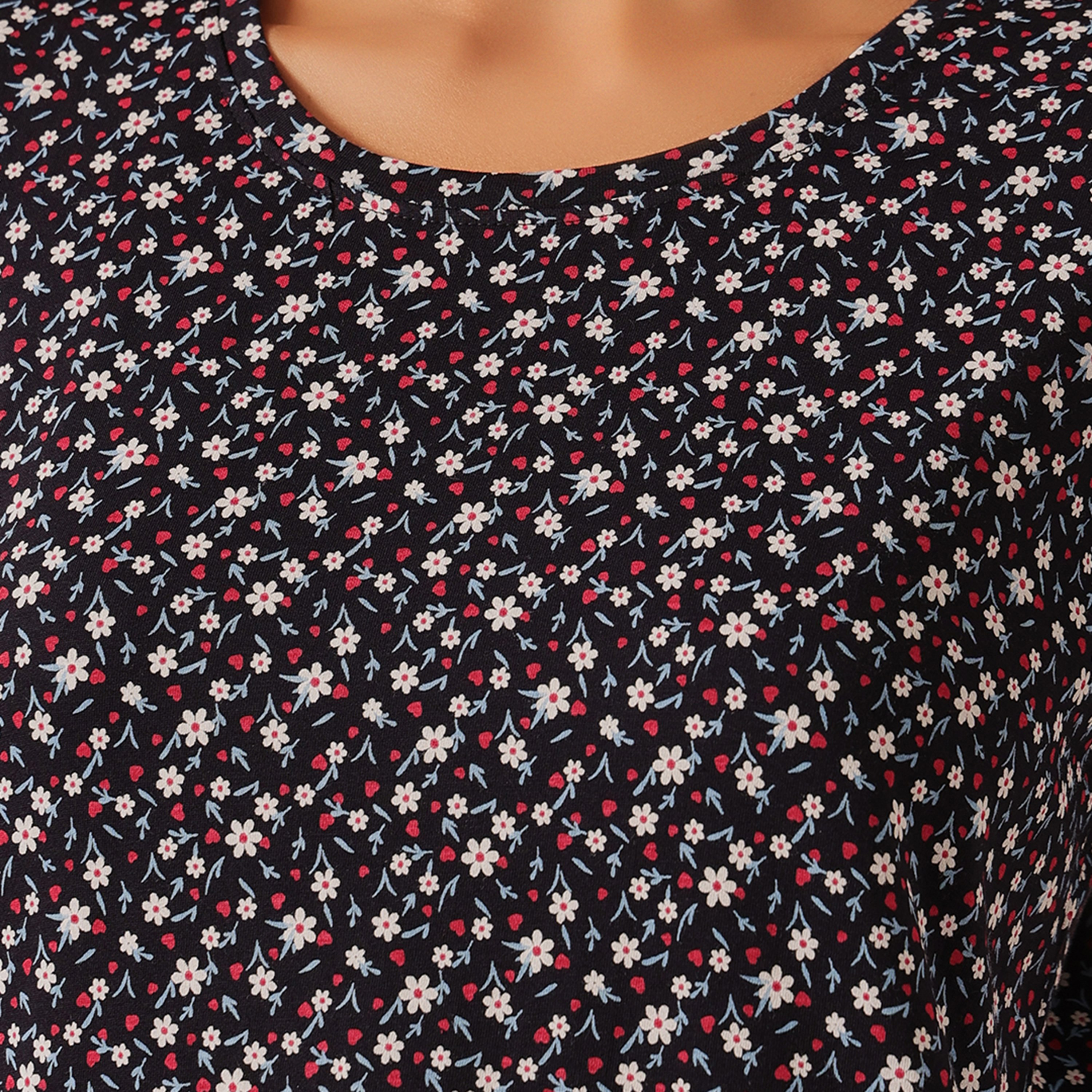 Clovia Floral Print Women's T-Shirt & Pyjama Set in Dark Blue - 100% Cotton-women-clothing-nightwear-pyjamas-longsets-image-7