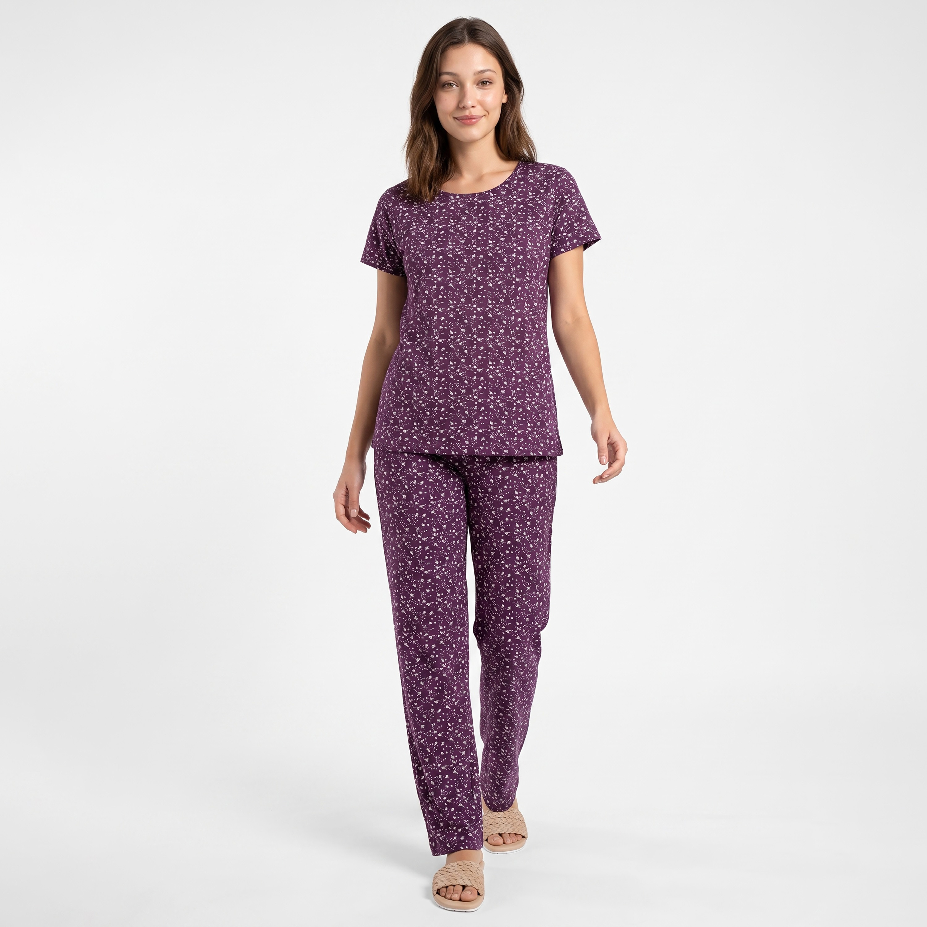 Clovia Floral Print Women's T-Shirt & Pyjama Set in Dark Purple - 100% Cotton-women-clothing-nightwear-pyjamas-longsets-image-1