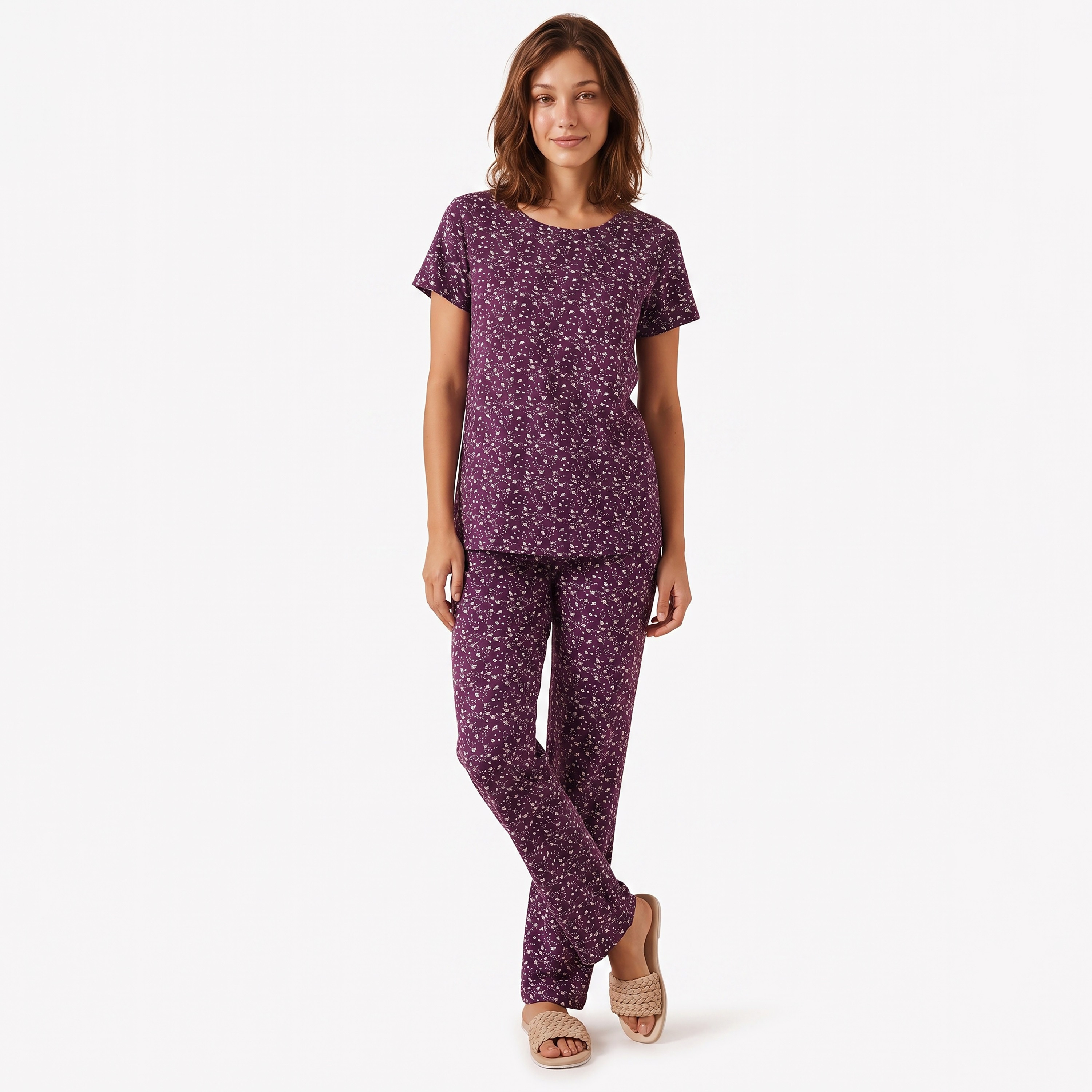Clovia Floral Print Women's T-Shirt & Pyjama Set in Dark Purple - 100% Cotton-women-clothing-nightwear-pyjamas-longsets-image-2