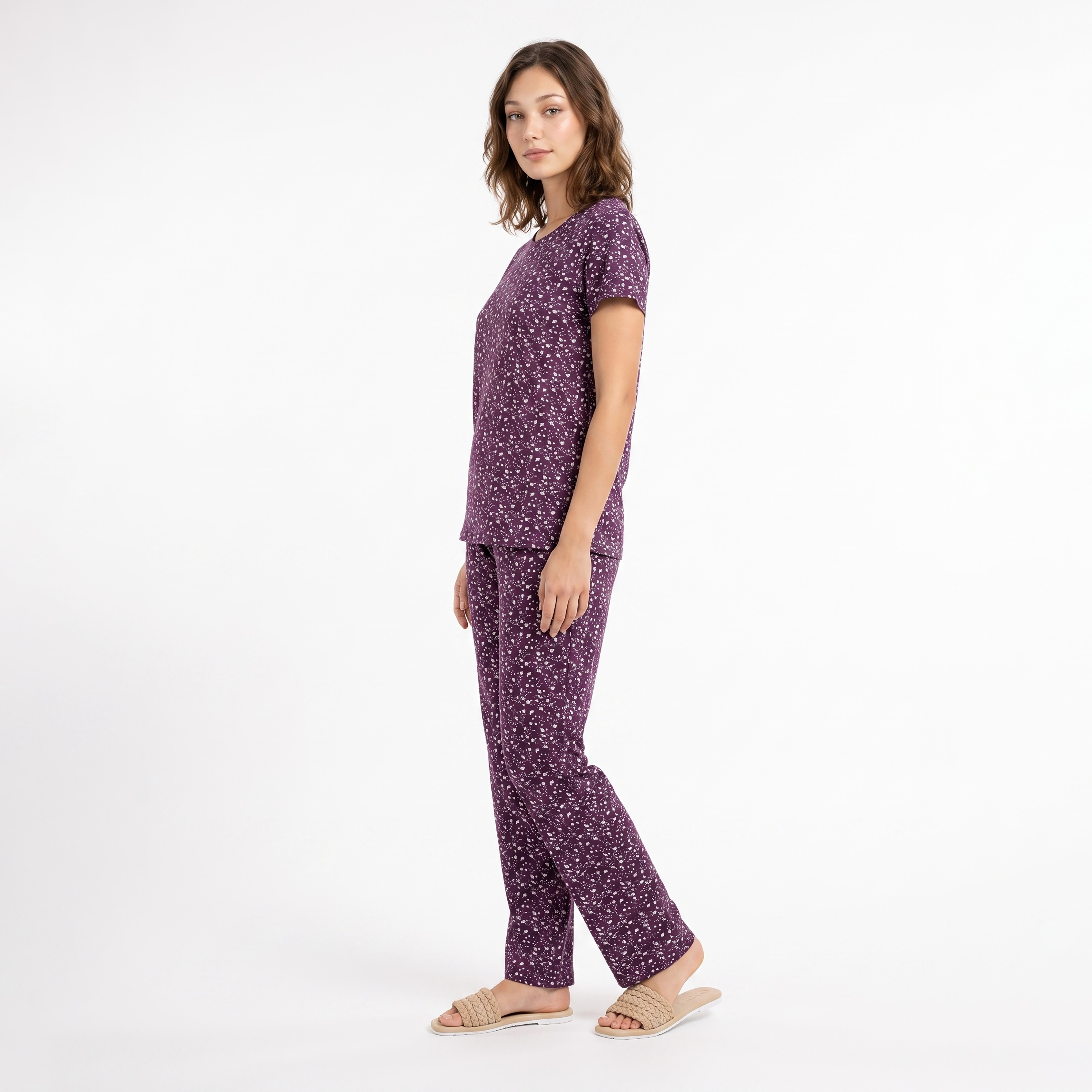 Clovia Floral Print Women's T-Shirt & Pyjama Set in Dark Purple - 100% Cotton-women-clothing-nightwear-pyjamas-longsets-image-3