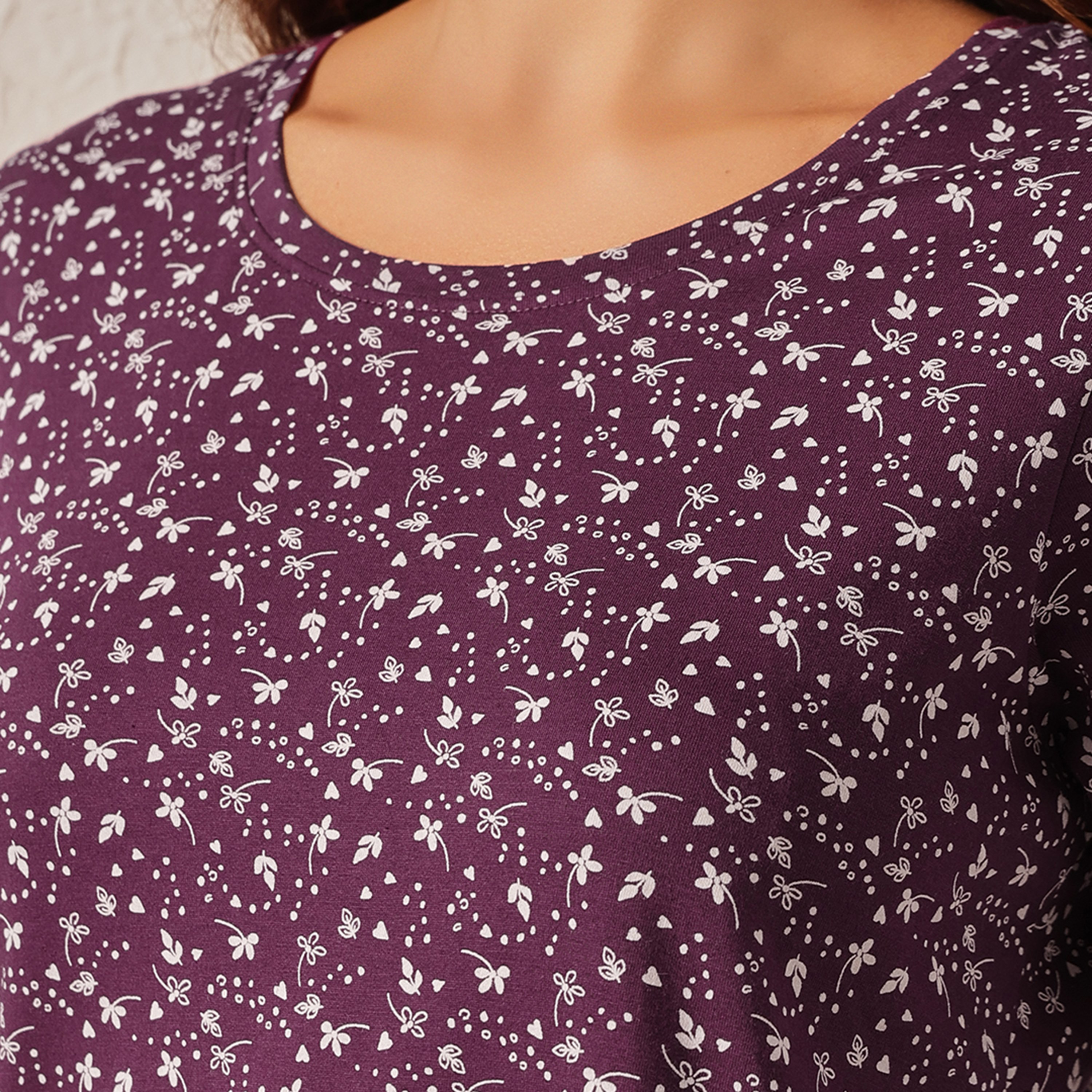 طقم تيشرت وبنطال بيجامة بطبعة أزهار من القطن 100% باللون البنفسجي الداكن للنساء من كلوفيا-women-clothing-nightwear-pyjamas-longsets-image-5