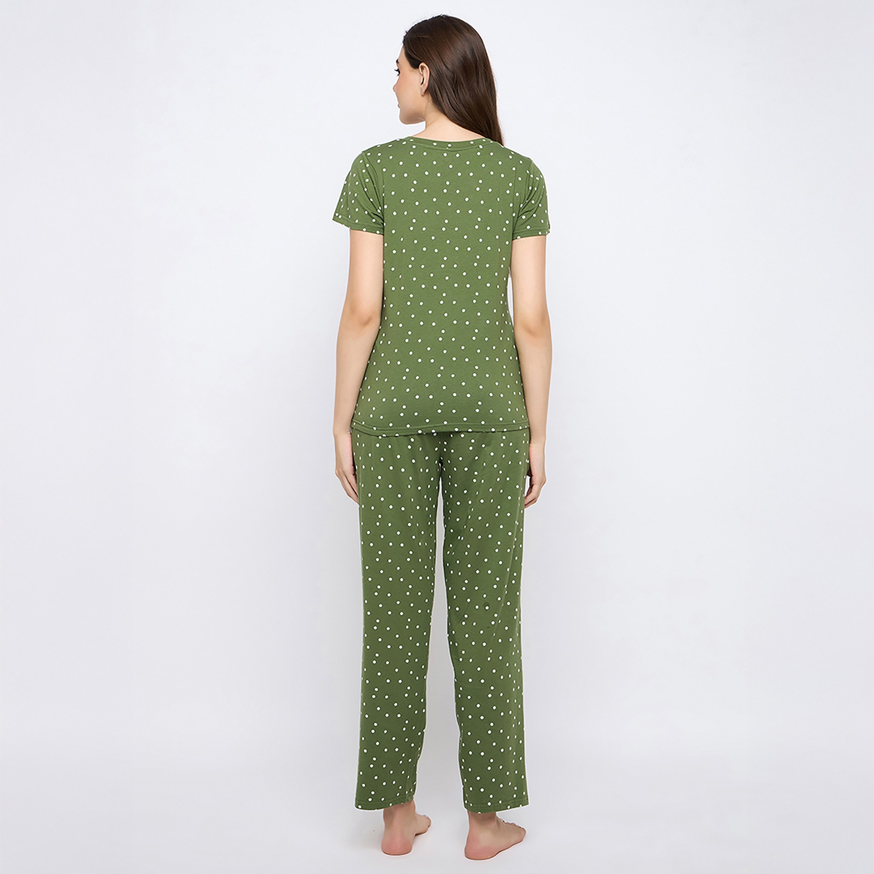 طقم بيجامة وقميص نسائي بطبعة بولكا باللون الأخضر الفاتح من كلوفيا - 100% قطن-women-clothing-nightwear-pyjamas-longsets-image-4