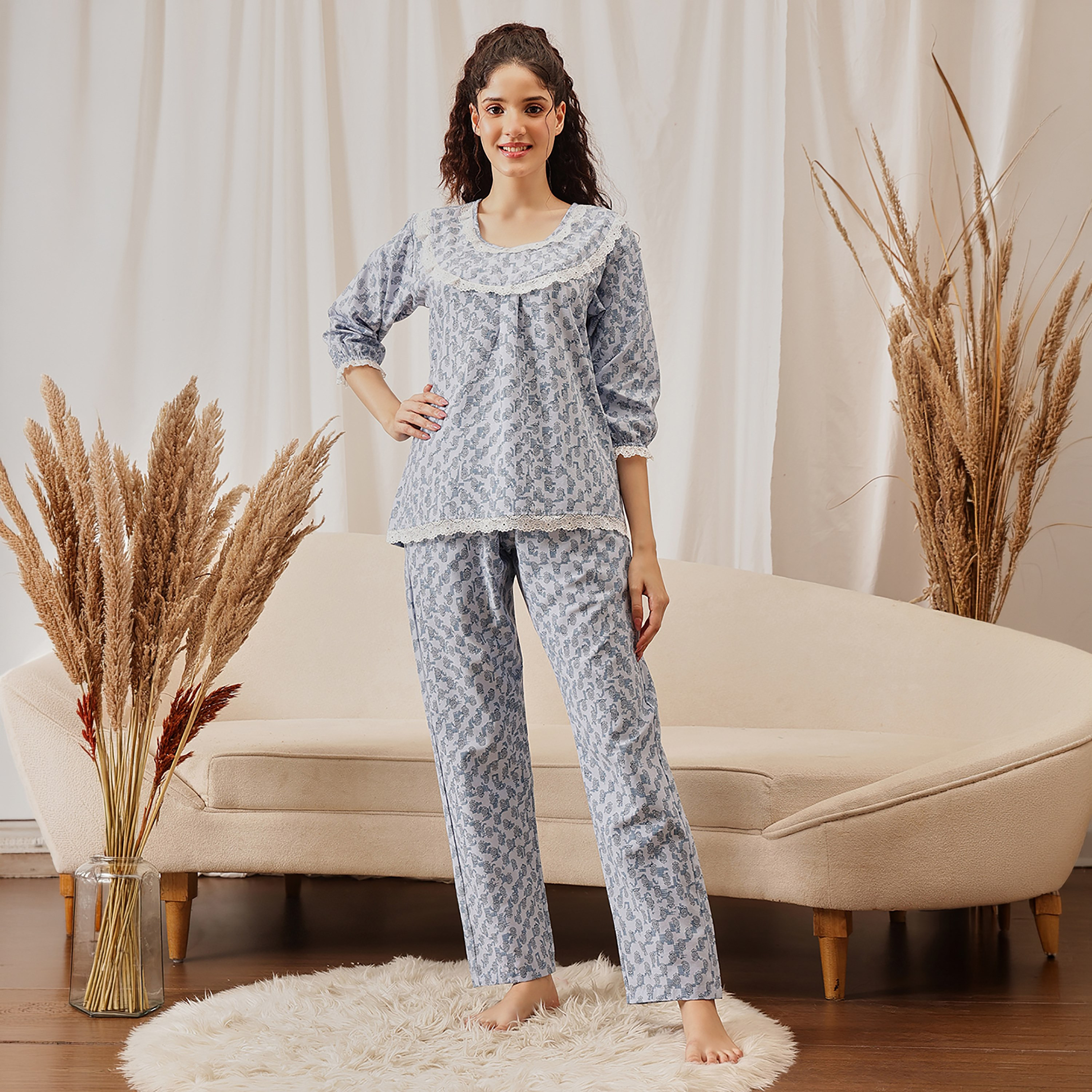 Clovia Print Me Pretty Women's Top & Pyjama Set in Sky Blue - 100% Cotton-women-clothing-nightwear-pyjamas-longsets-image-1