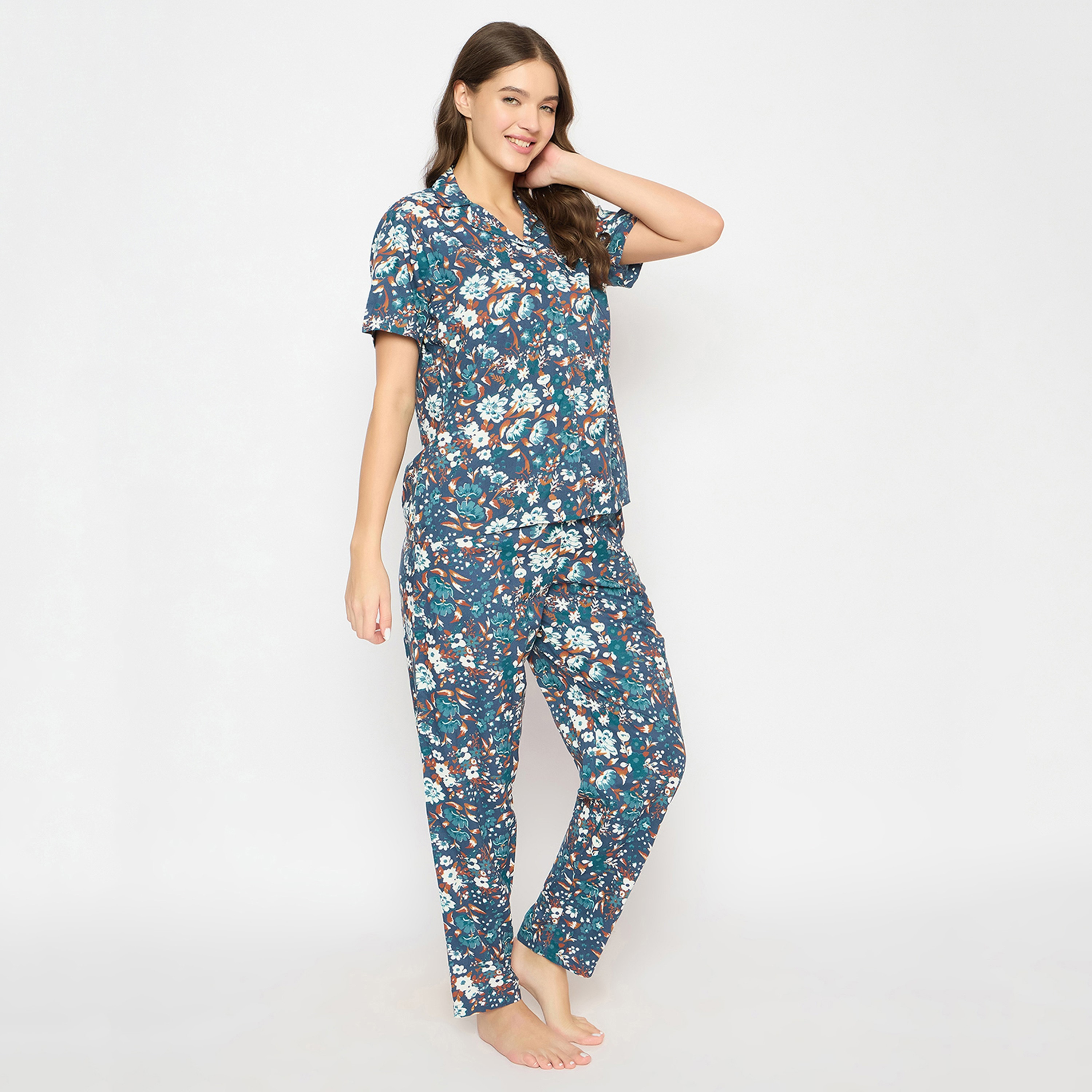 بدلة نوم نسائية بطبعة الزهور وأزرار بلون أزرق داكن من كلوفيا - رايون-women-clothing-nightwear-pyjamas-longsets-image-2