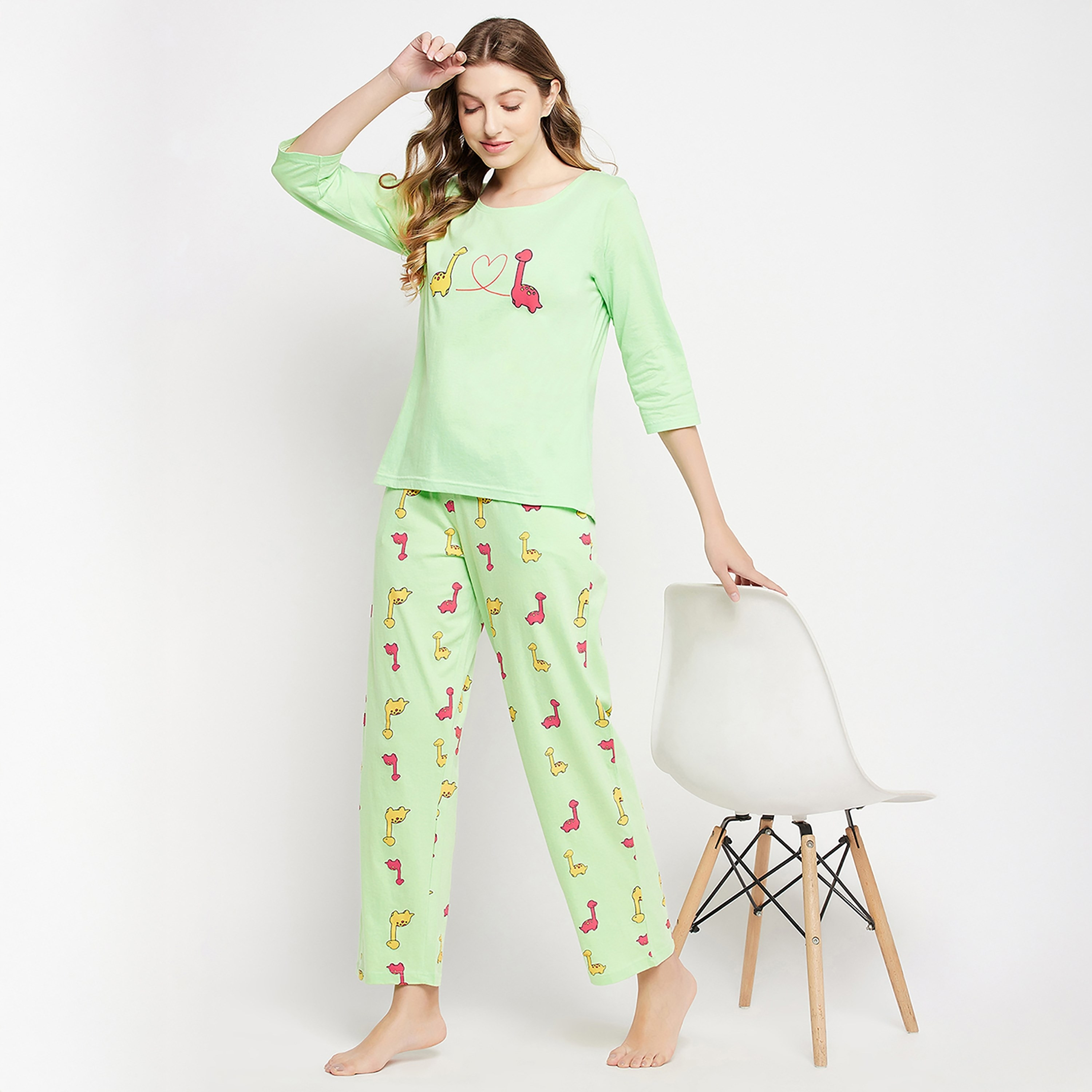 Clovia Dinosaur Printed Women's Top & Pyjama Set in Mint Green - 100% Cotton-women-clothing-nightwear-pyjamas-longsets-image-2