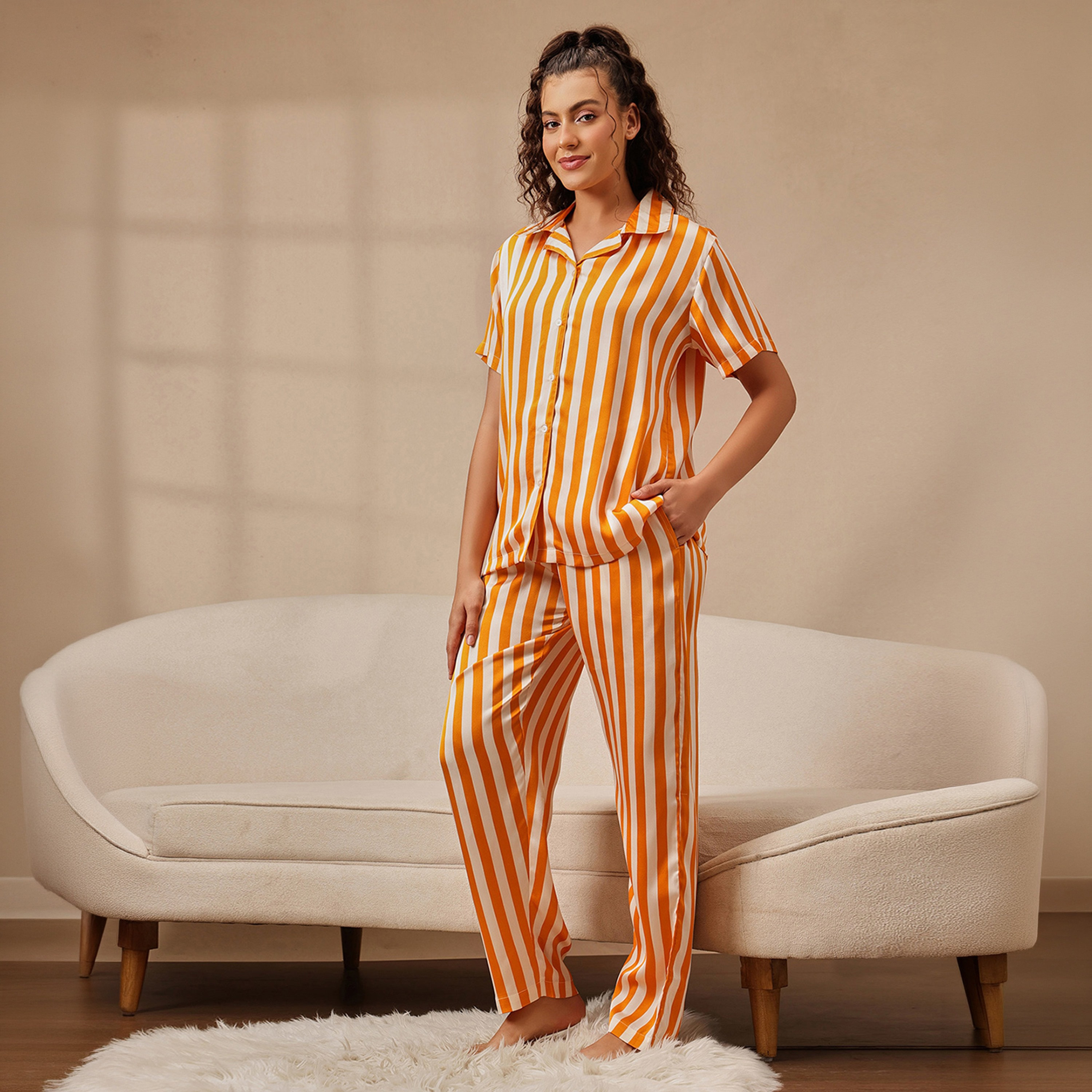 Clovia Striped Button-Down Korean Women's Shirt & Pyjama Set in Orange Colour - Satin-women-clothing-nightwear-pyjamas-longsets-image-2