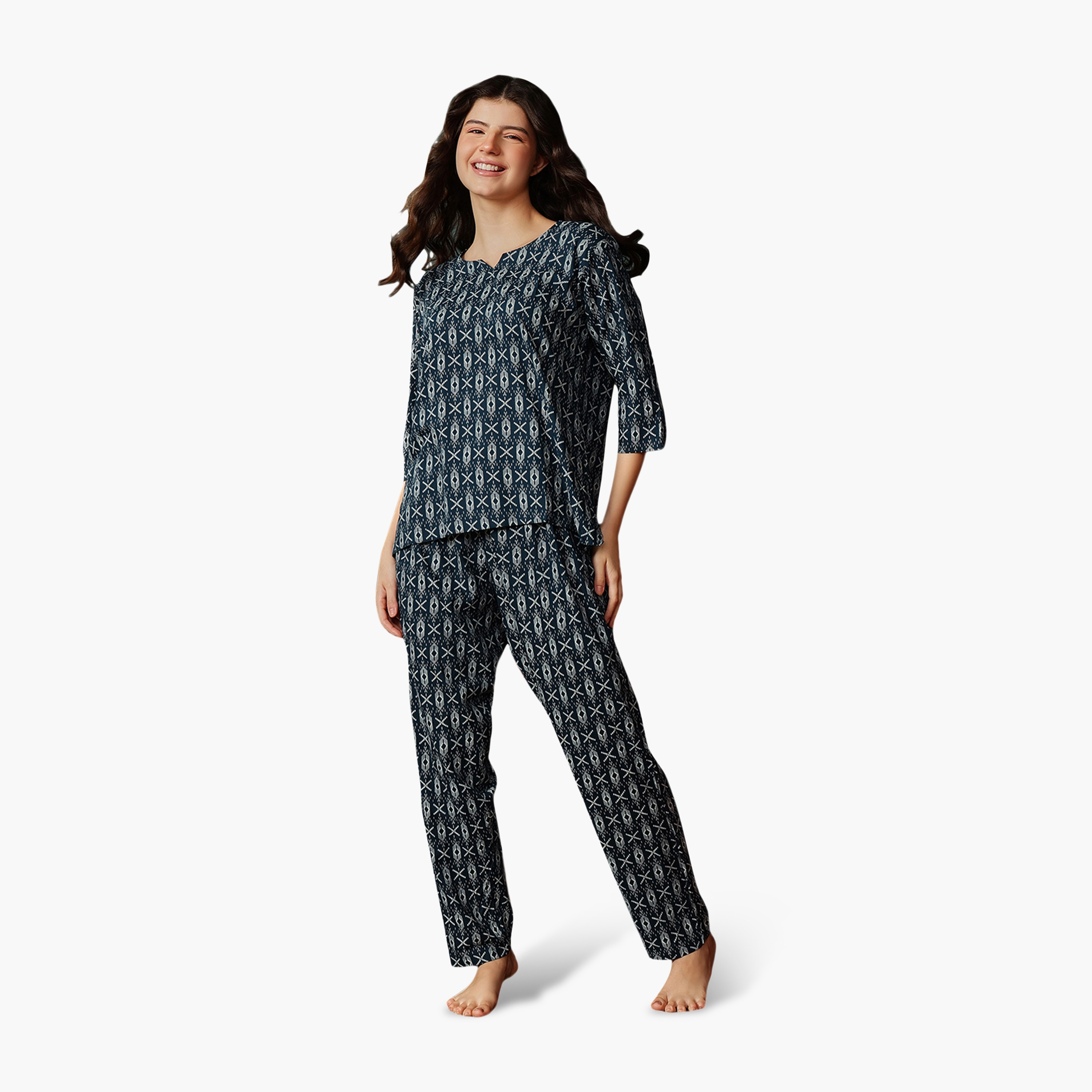 Clovia Printed Women's Top & Pyjama Set in Navy Colour - Rayon-women-clothing-nightwear-pyjamas-longsets-image-1