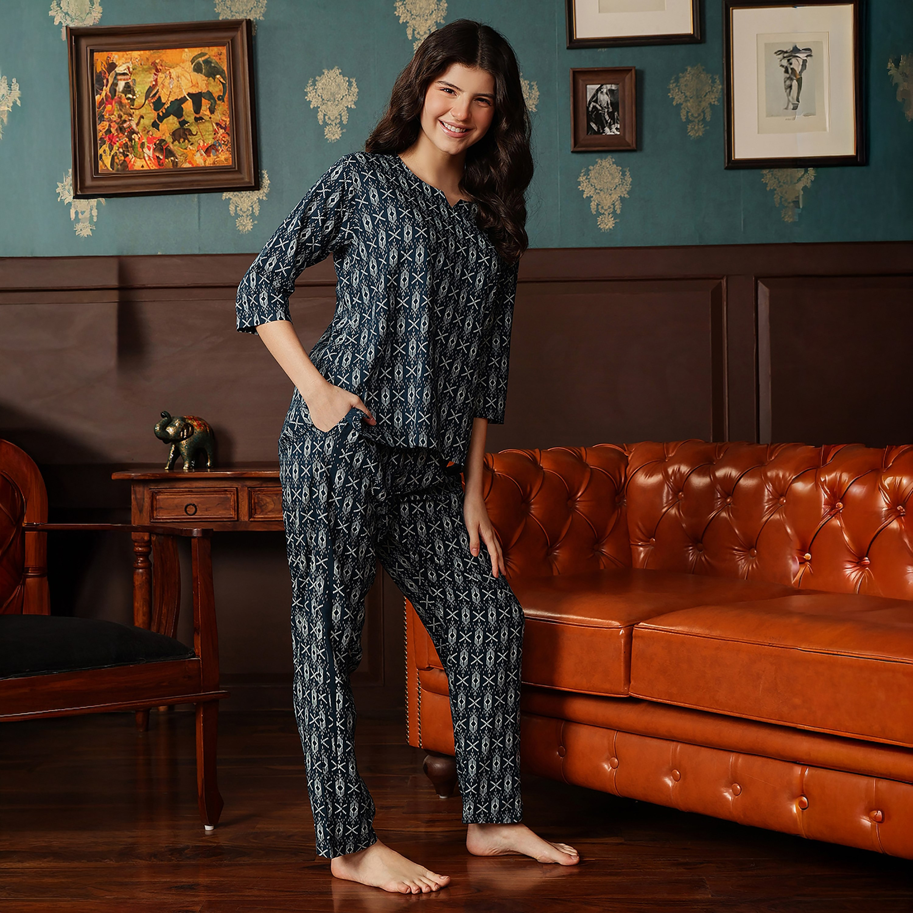 Clovia Printed Women's Top & Pyjama Set in Navy Colour - Rayon-women-clothing-nightwear-pyjamas-longsets-image-2