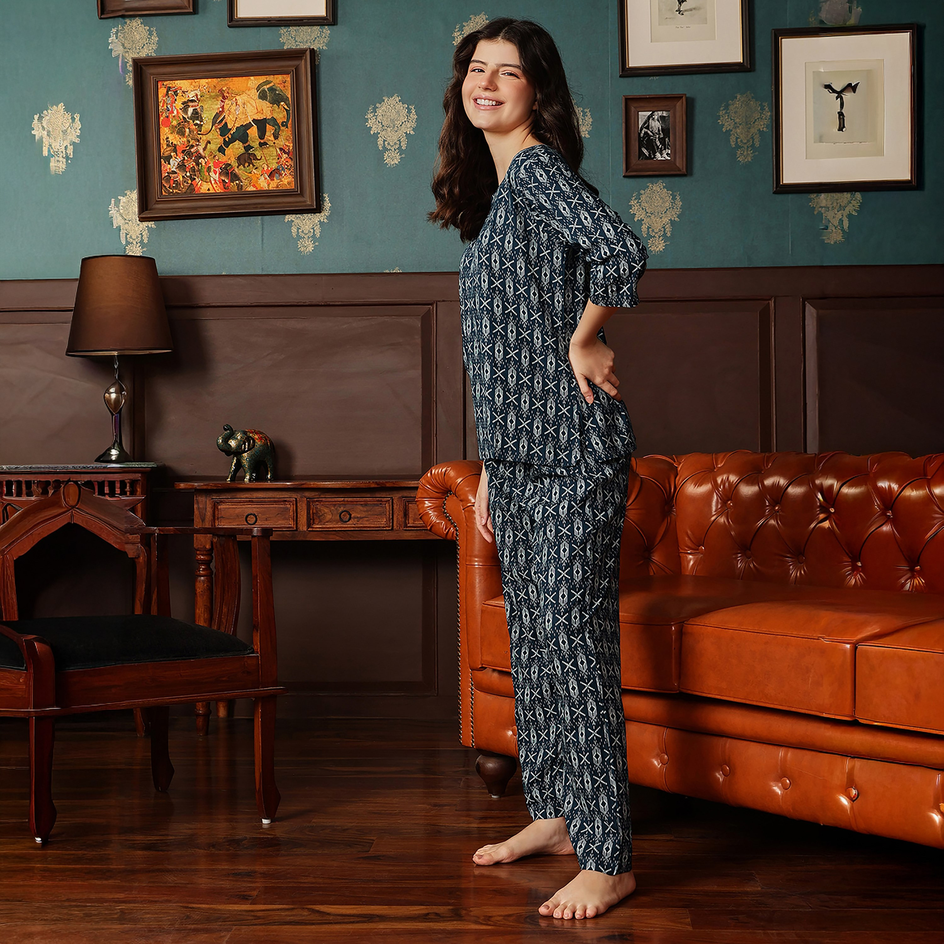Clovia Printed Women's Top & Pyjama Set in Navy Colour - Rayon-women-clothing-nightwear-pyjamas-longsets-image-3