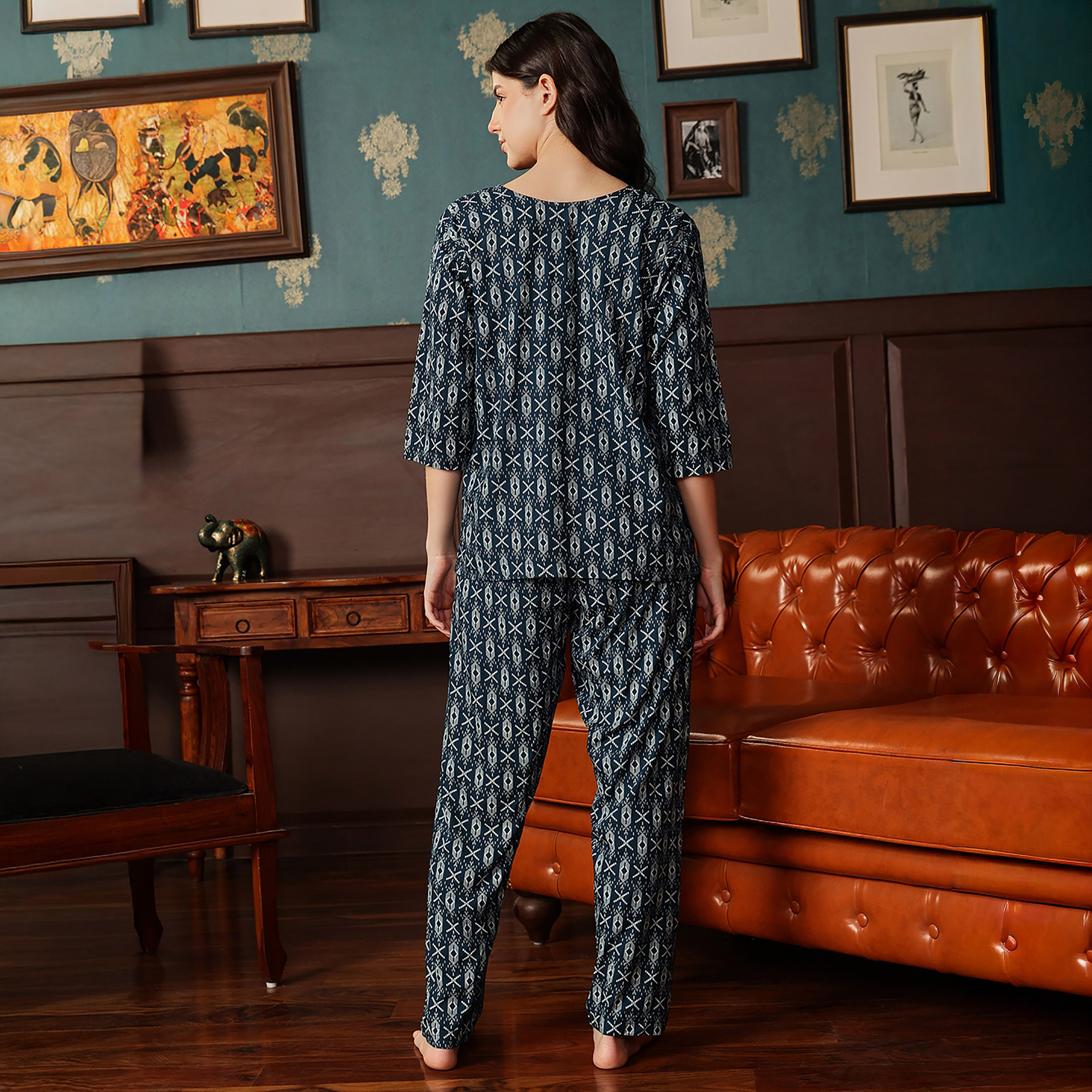 Clovia Printed Women's Top & Pyjama Set in Navy Colour - Rayon-women-clothing-nightwear-pyjamas-longsets-image-4