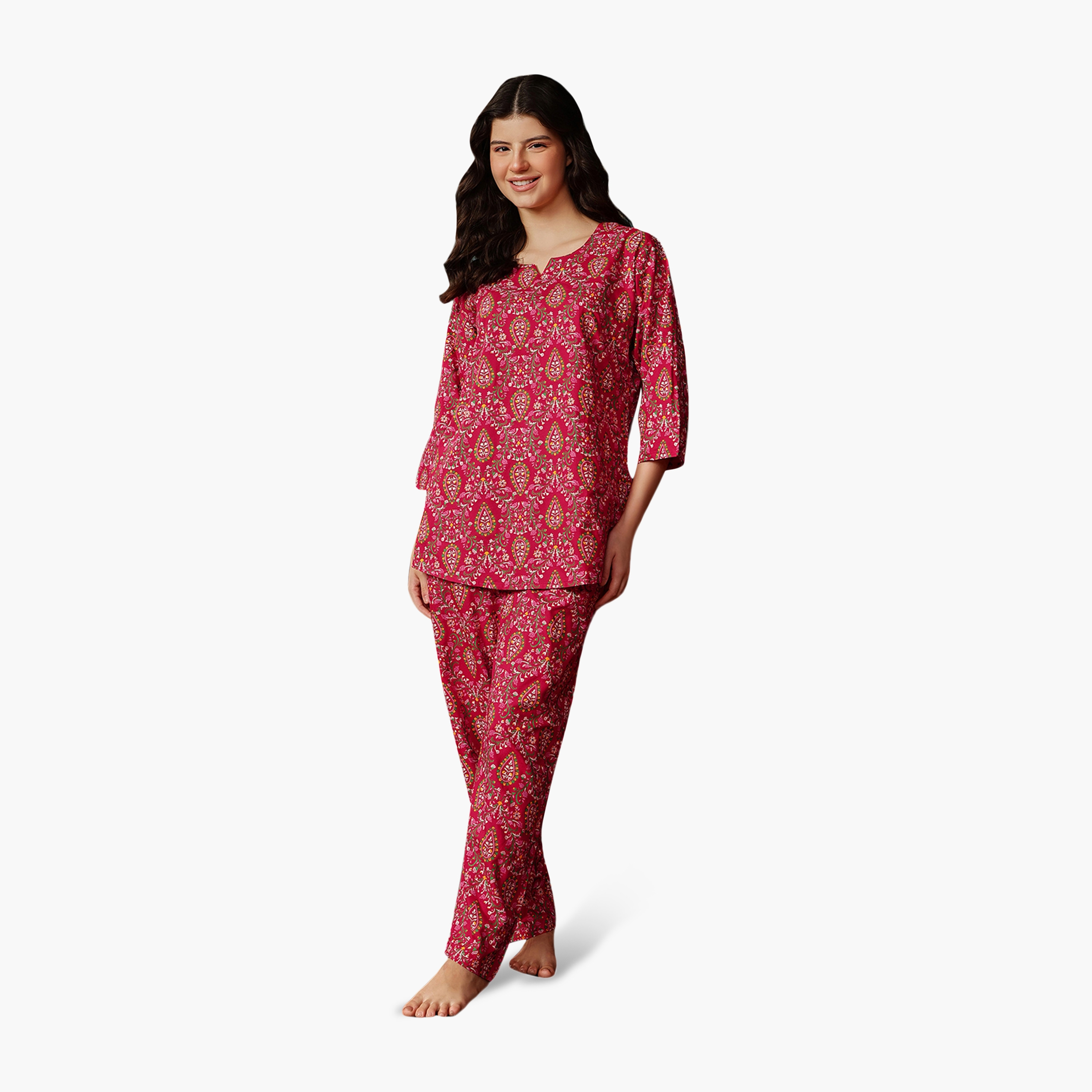 طقم توب وبنطلون بيجامة نسائي مطبوع بلون وردي داكن من كلوفيا - رايون-women-clothing-nightwear-pyjamas-longsets-image-1