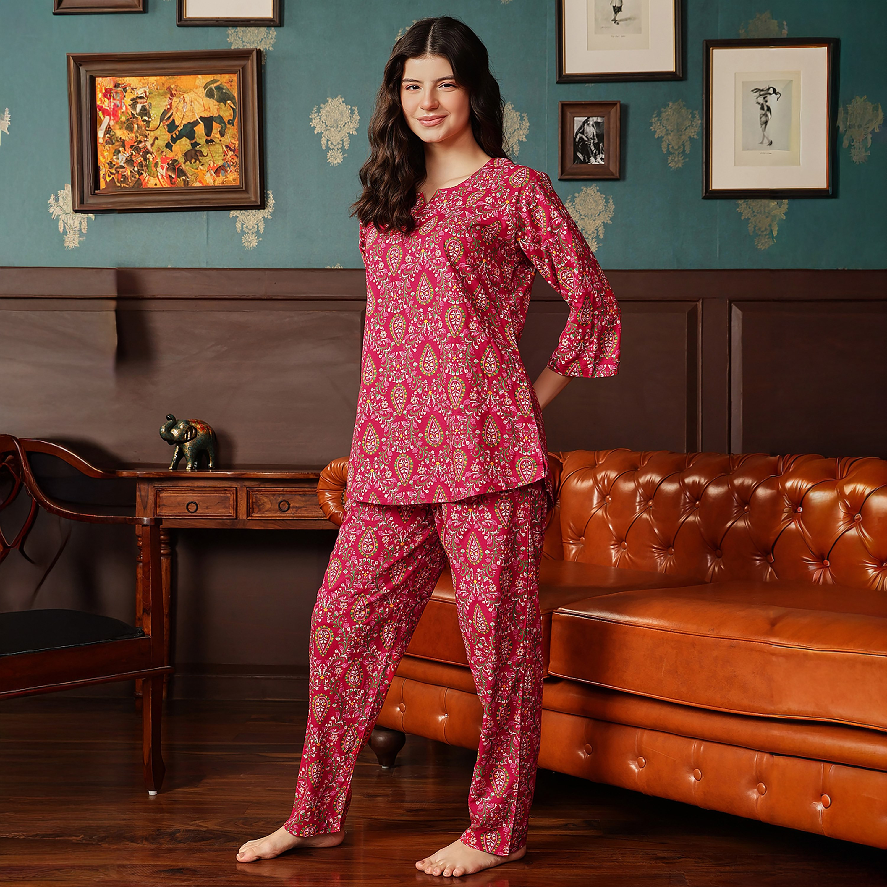 Clovia Printed Women's Top & Pyjama Set in Dark Pink - Rayon-women-clothing-nightwear-pyjamas-longsets-image-3