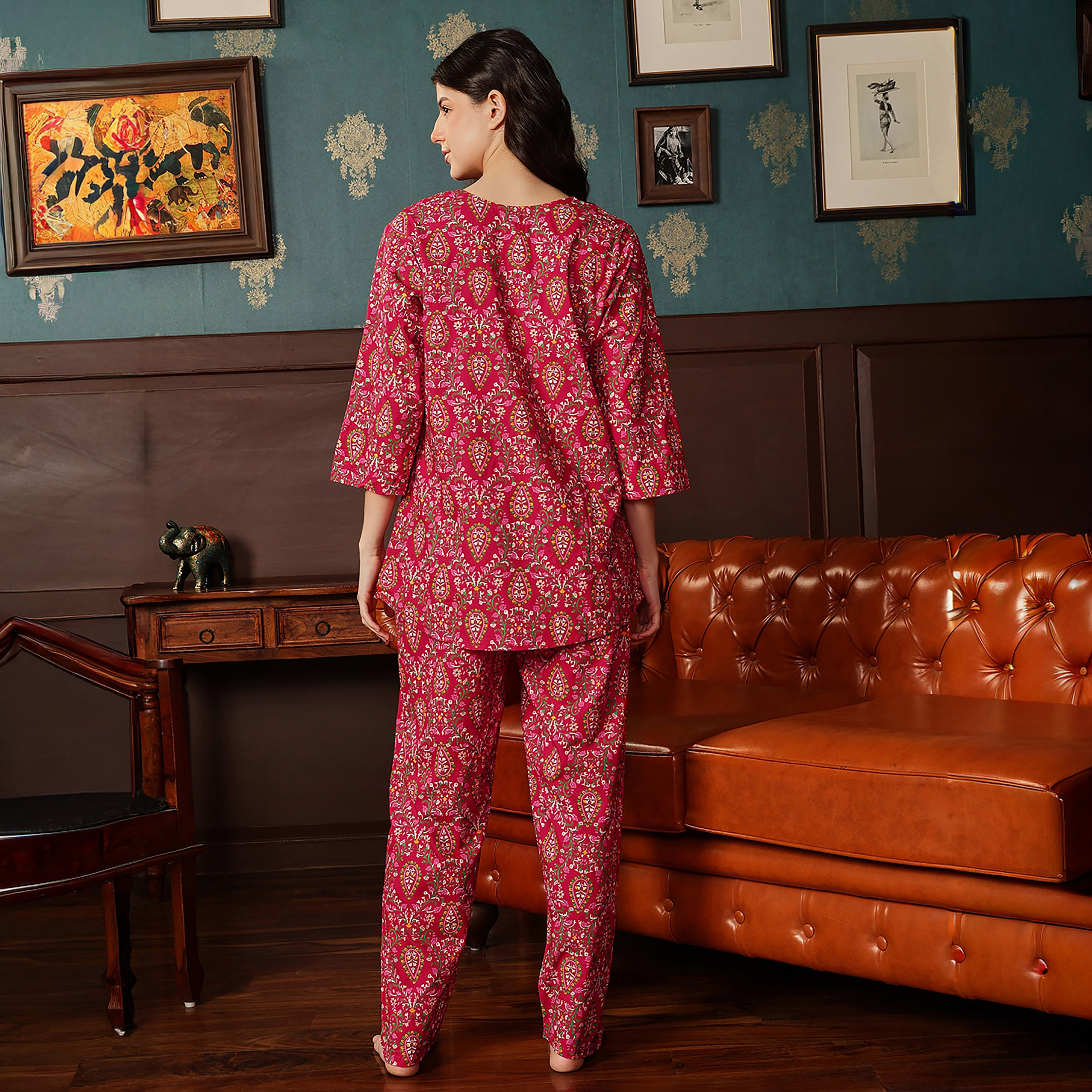 Clovia Printed Women's Top & Pyjama Set in Dark Pink - Rayon-women-clothing-nightwear-pyjamas-longsets-image-4
