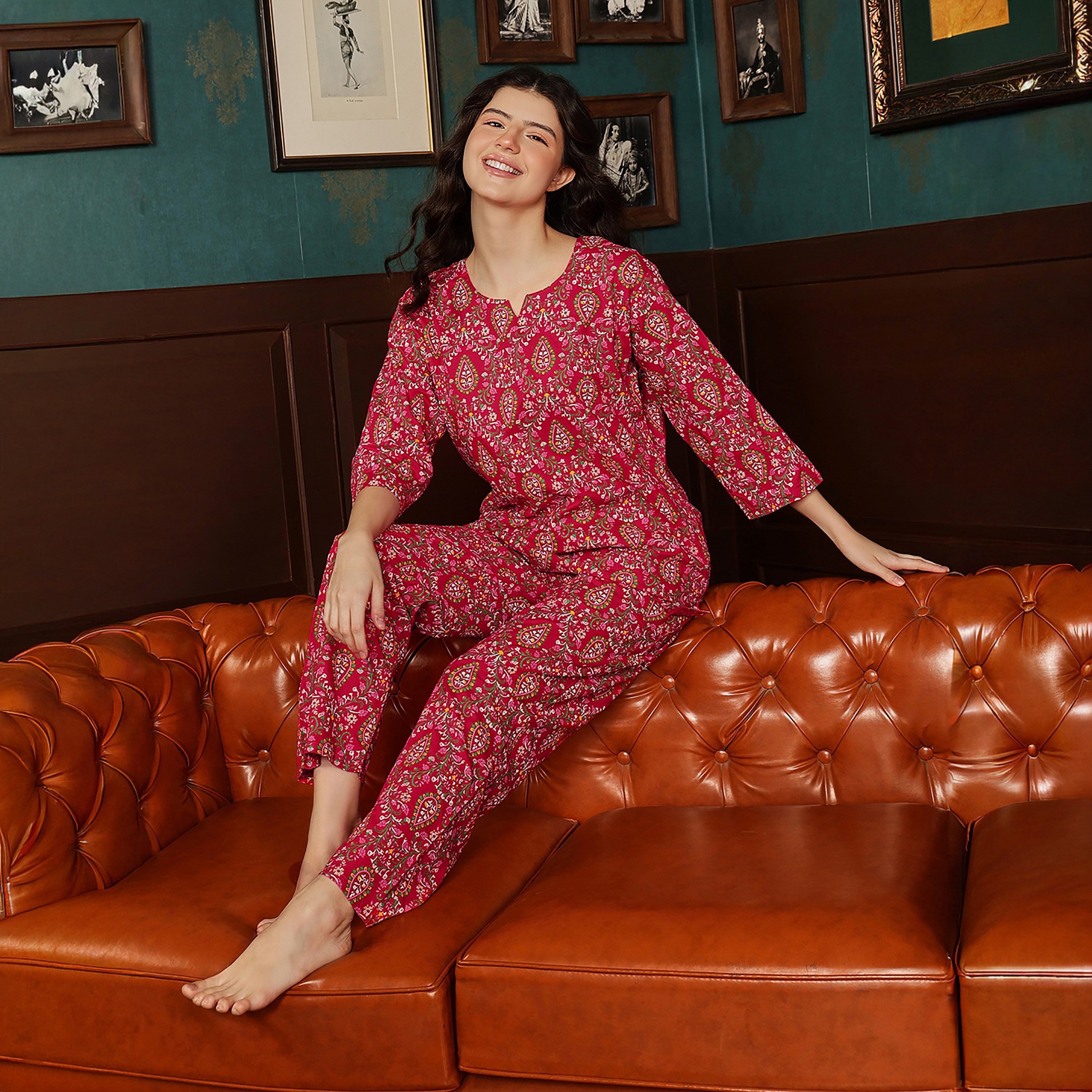Clovia Printed Women's Top & Pyjama Set in Dark Pink - Rayon-women-clothing-nightwear-pyjamas-longsets-image-5