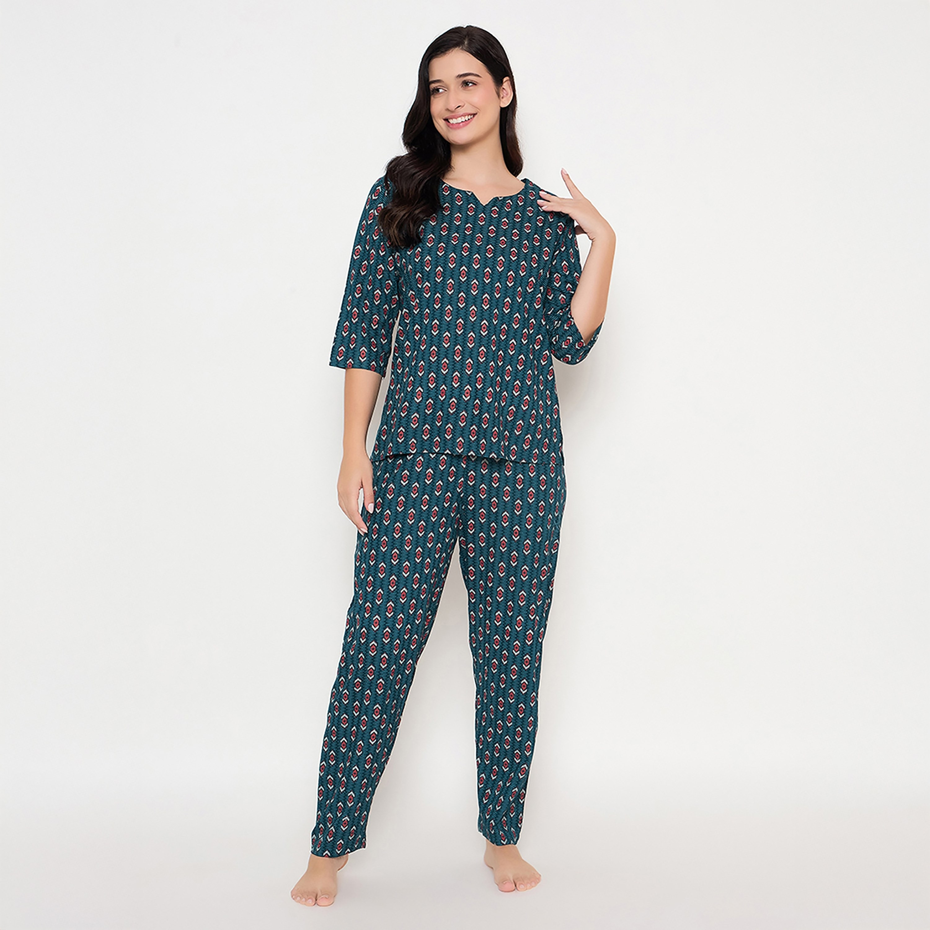 Clovia Printed Women's Top & Pyjama Set in Navy Blue- Rayon-women-clothing-nightwear-pyjamas-longsets-image-1