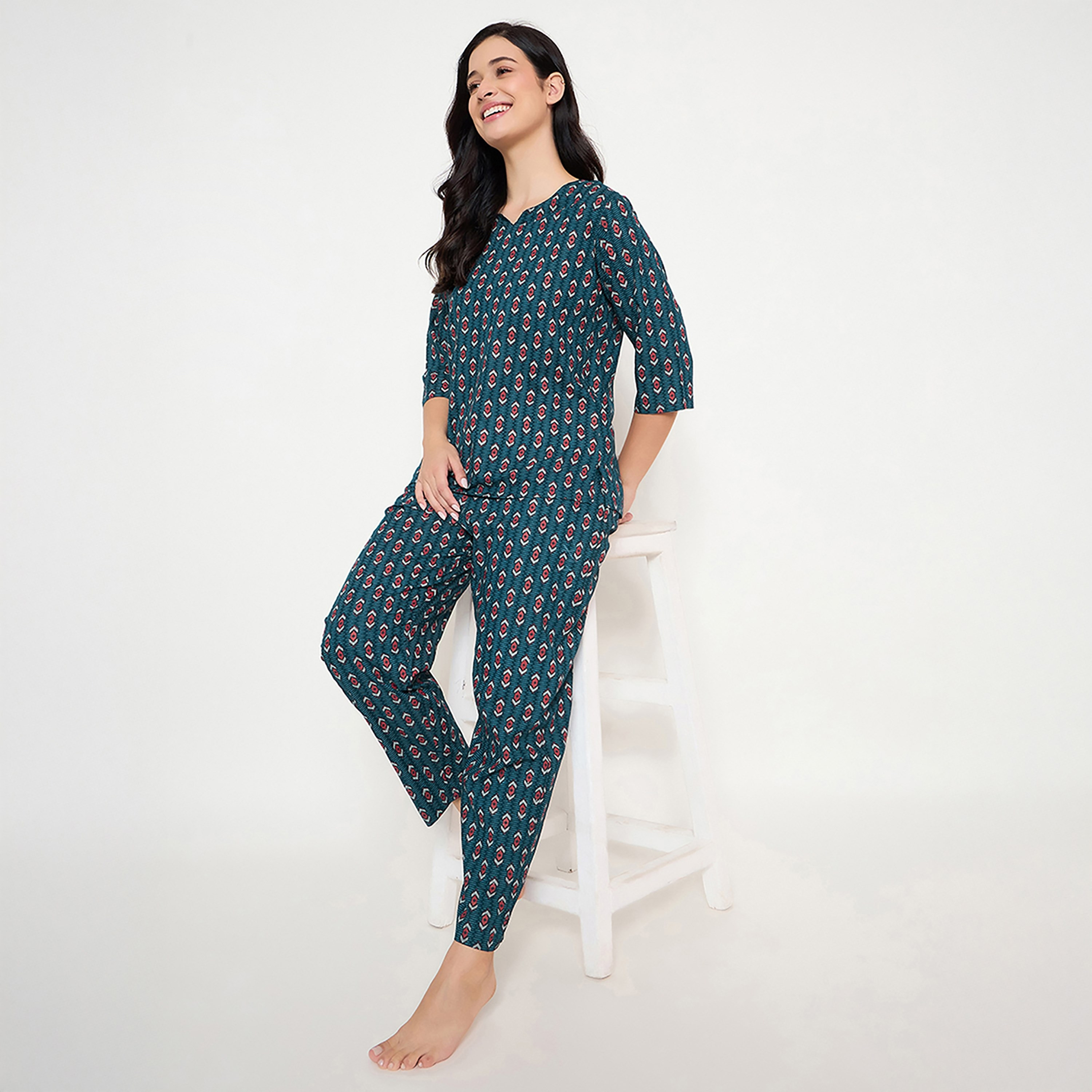 Clovia Printed Women's Top & Pyjama Set in Navy Blue- Rayon-women-clothing-nightwear-pyjamas-longsets-image-2