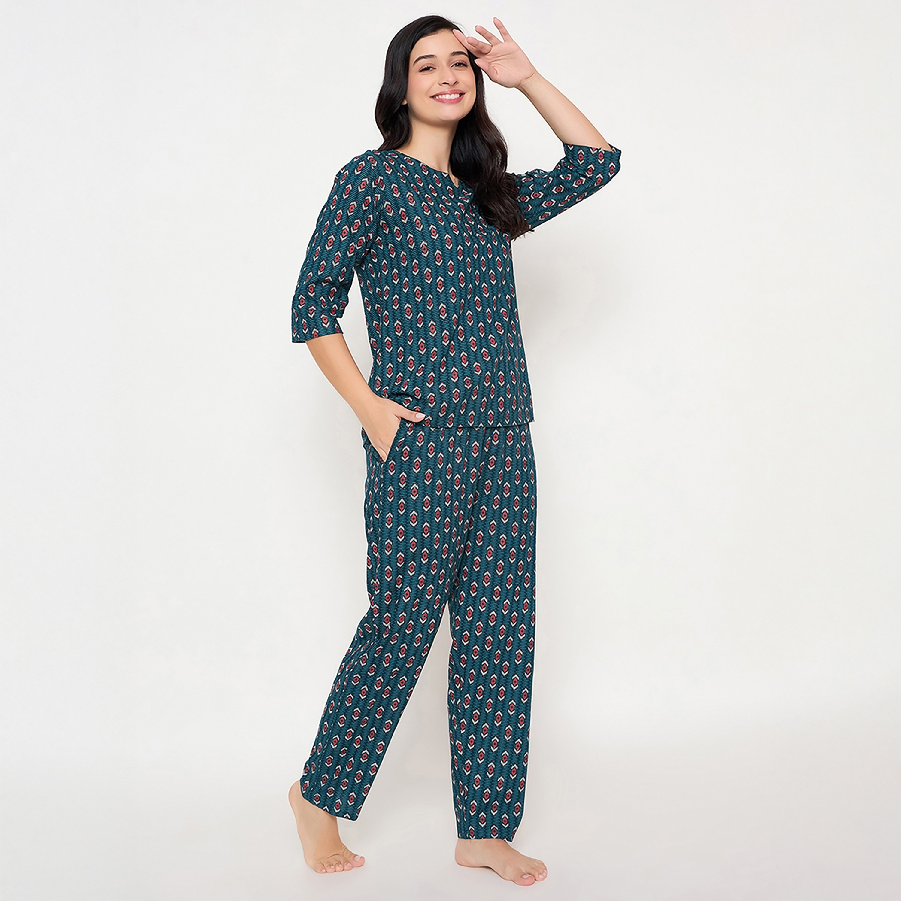 Clovia Printed Women's Top & Pyjama Set in Navy Blue- Rayon-women-clothing-nightwear-pyjamas-longsets-image-3