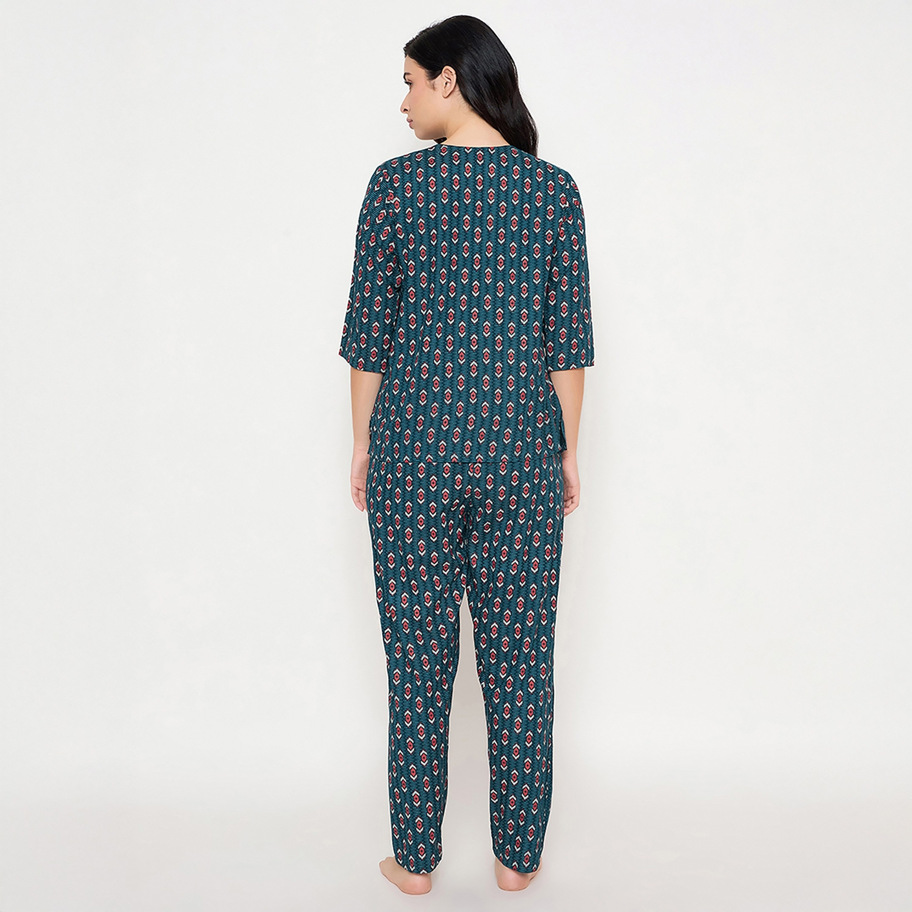 Clovia Printed Women's Top & Pyjama Set in Navy Blue- Rayon-women-clothing-nightwear-pyjamas-longsets-image-4