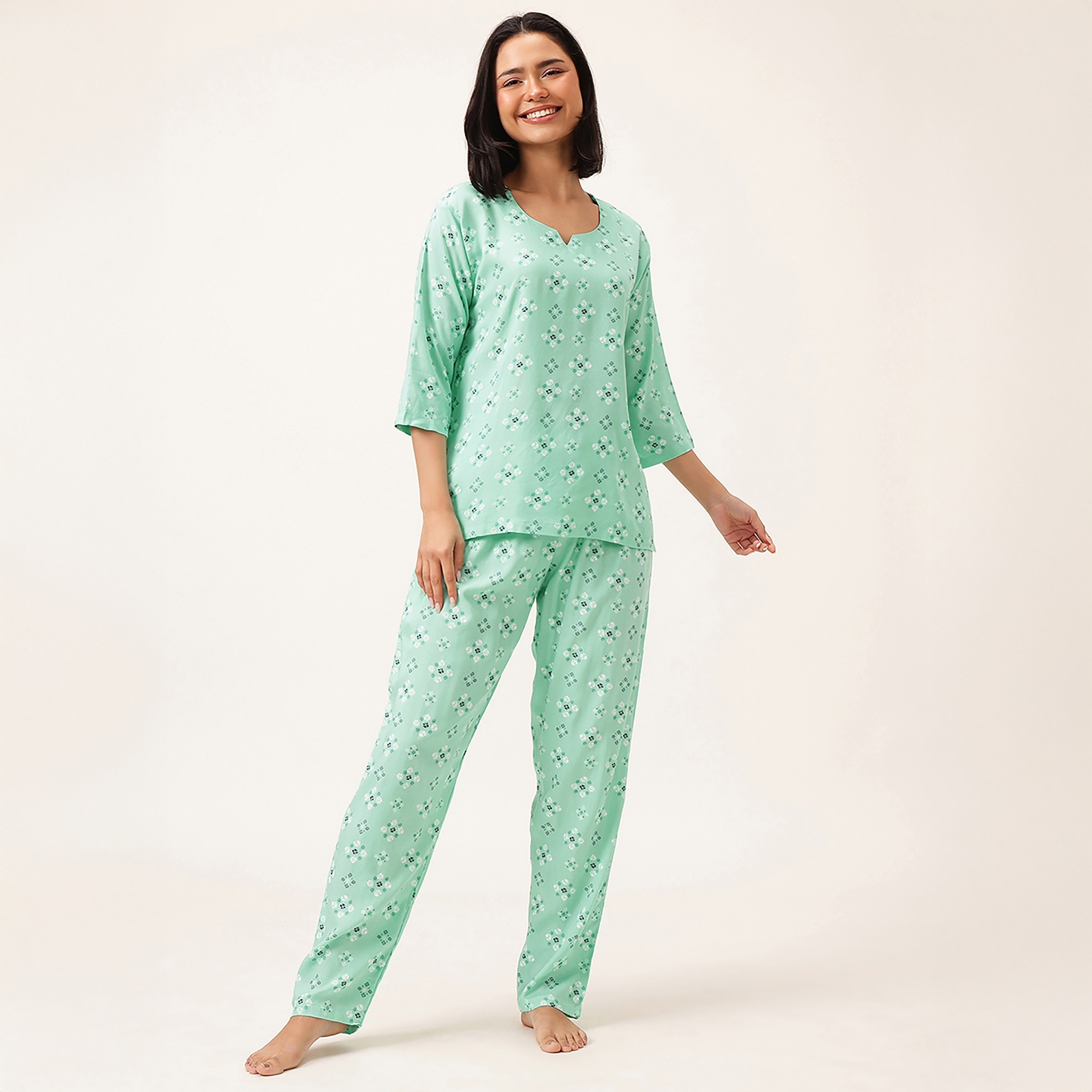 Clovia Printed Women's Top & Pyjama Set in Light Green - Rayon-women-clothing-nightwear-pyjamas-longsets-image-1