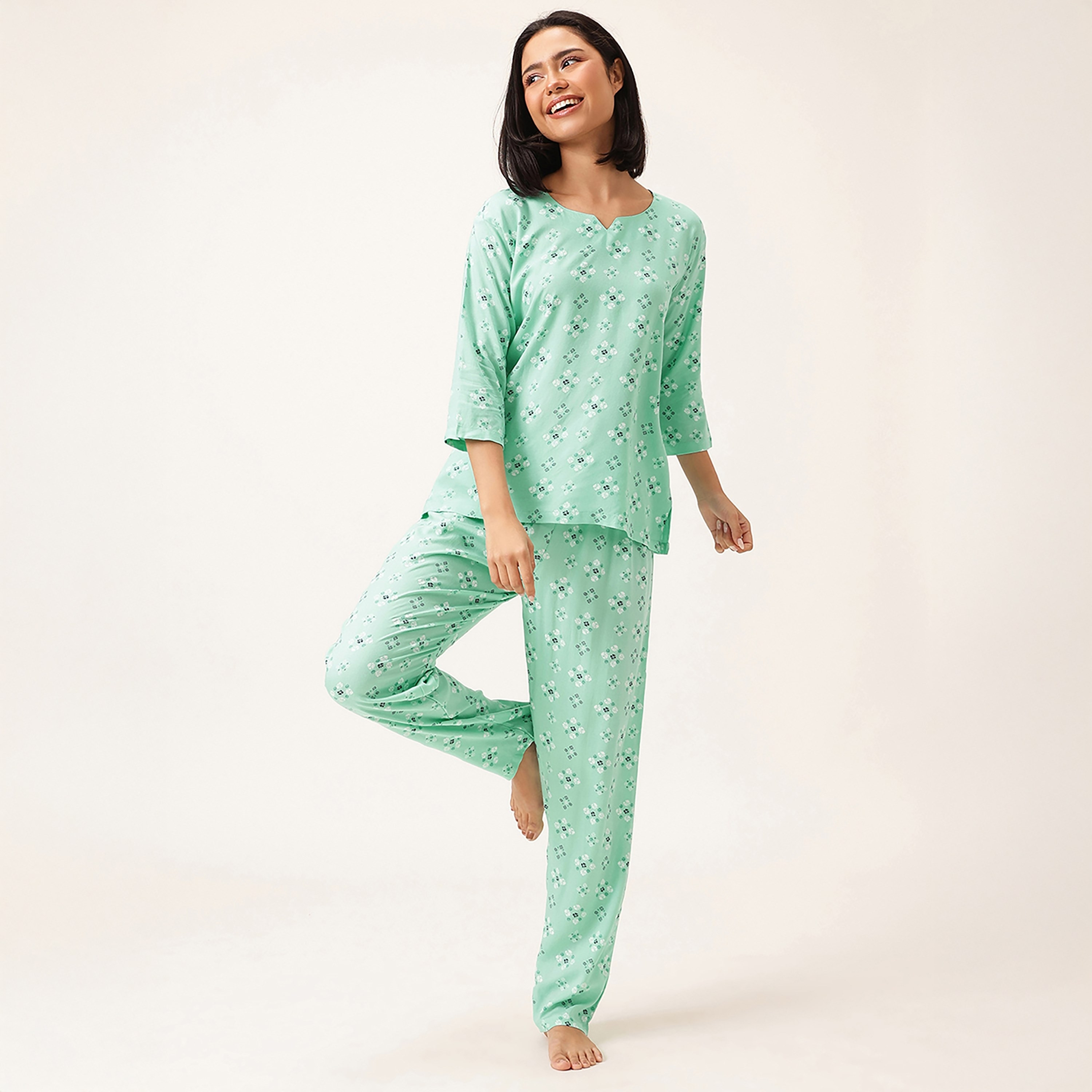 Clovia Printed Women's Top & Pyjama Set in Light Green - Rayon-women-clothing-nightwear-pyjamas-longsets-image-2