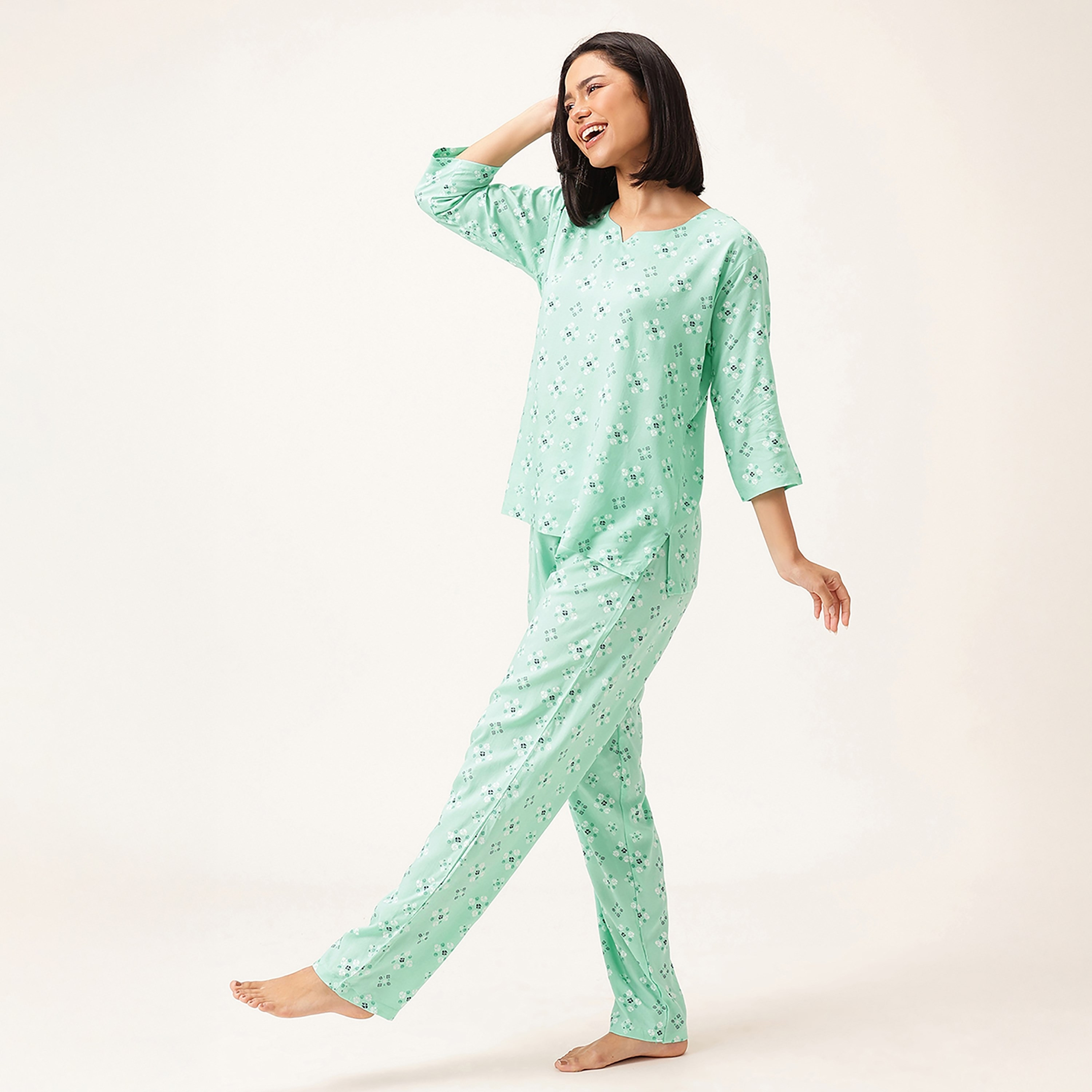 Clovia Printed Women's Top & Pyjama Set in Light Green - Rayon-women-clothing-nightwear-pyjamas-longsets-image-3