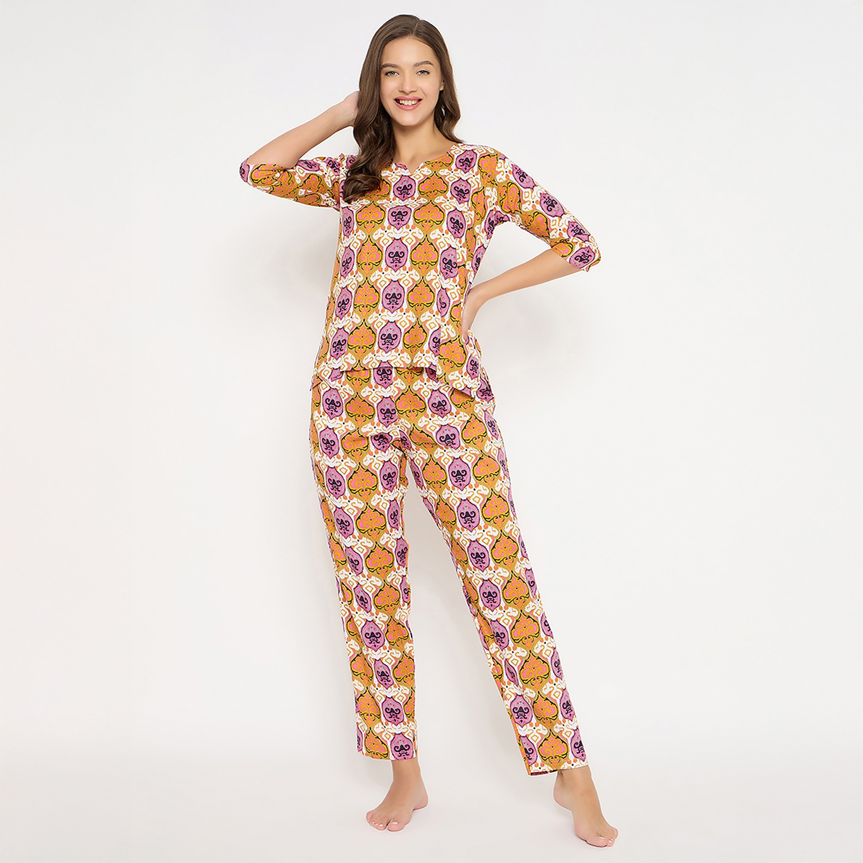 Clovia Printed Women's Top & Pyjama Set in Multicolour - Rayon-women-clothing-nightwear-pyjamas-longsets-image-1