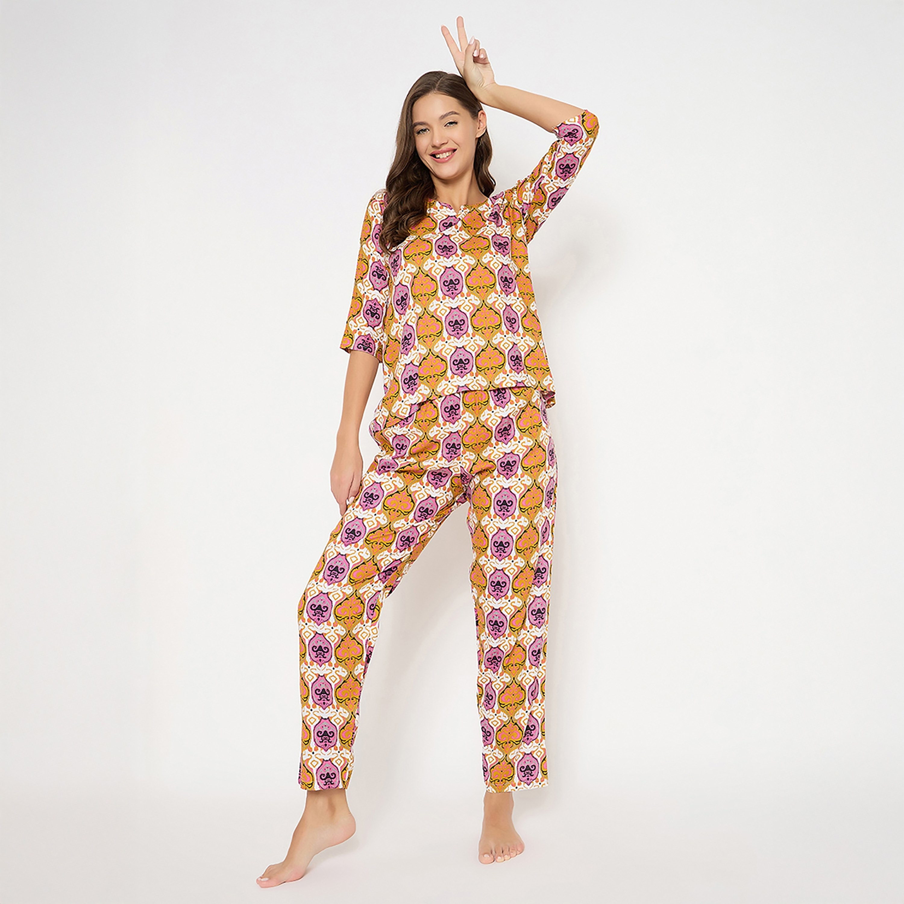 Clovia Printed Women's Top & Pyjama Set in Multicolour - Rayon-women-clothing-nightwear-pyjamas-longsets-image-2
