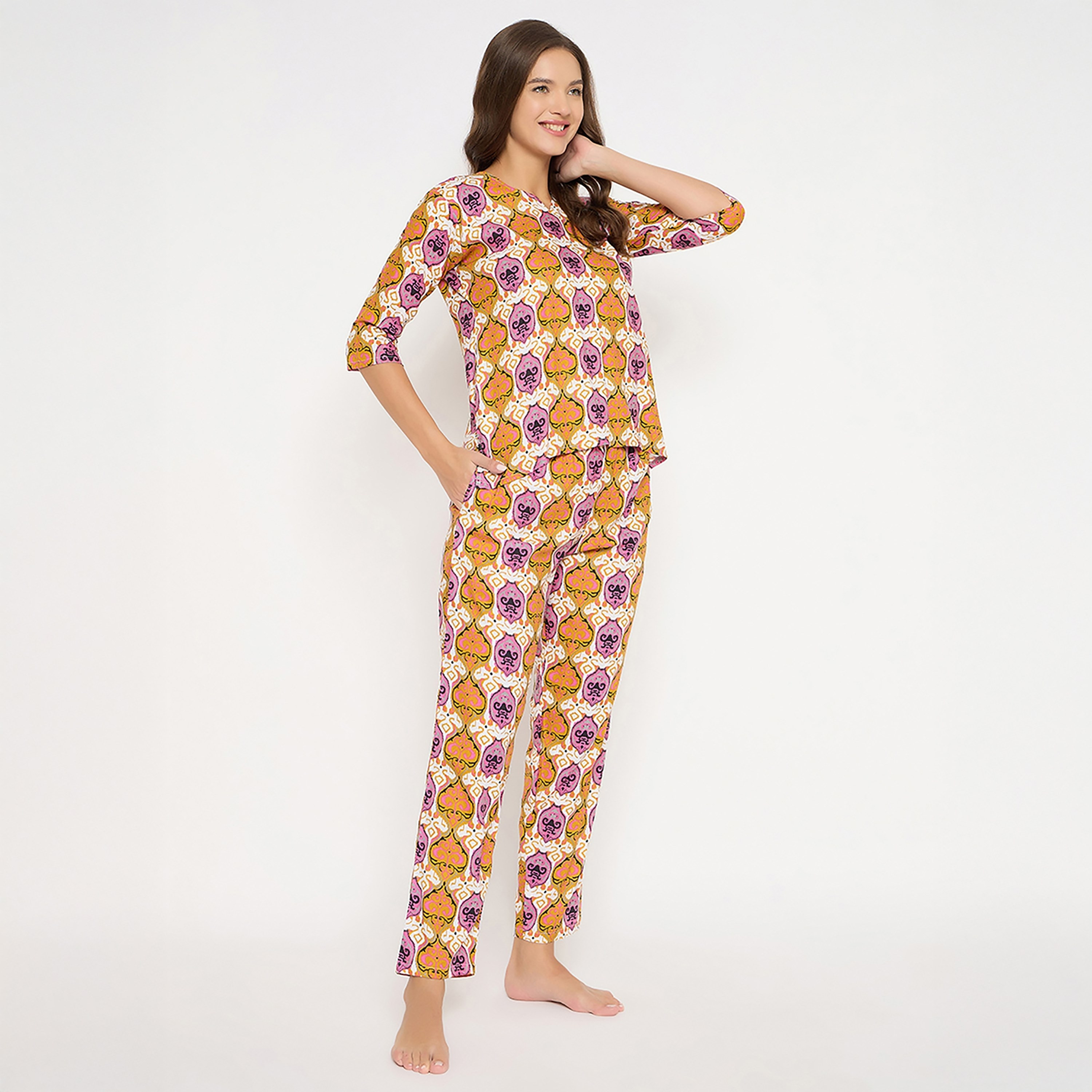 Clovia Printed Women's Top & Pyjama Set in Multicolour - Rayon-women-clothing-nightwear-pyjamas-longsets-image-3