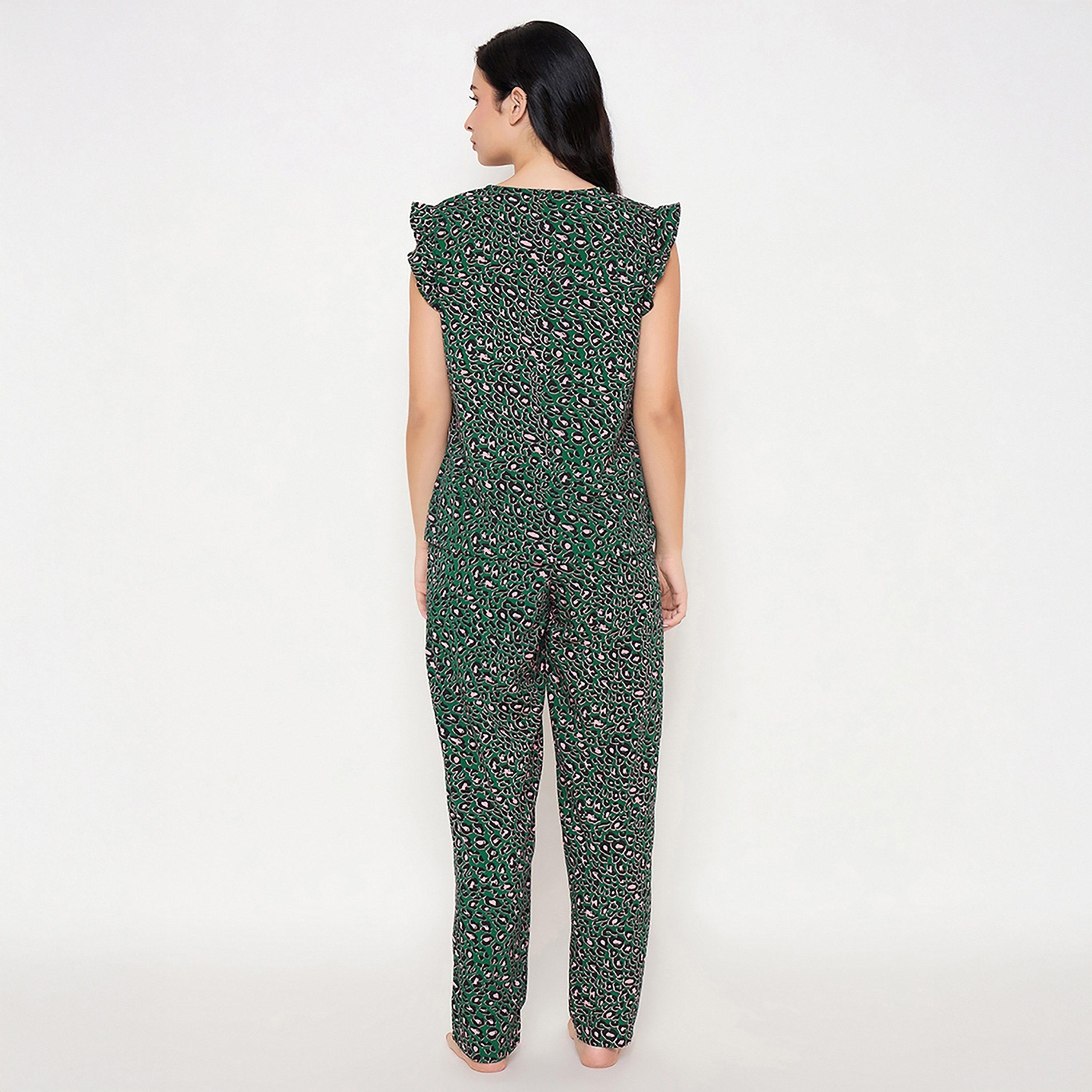 طقم بيجامة وقميص نسائي بطبعة أشكال حيوانات باللون الأخضر الداكن من كلوفيا - كريب-women-clothing-nightwear-pyjamas-longsets-image-4